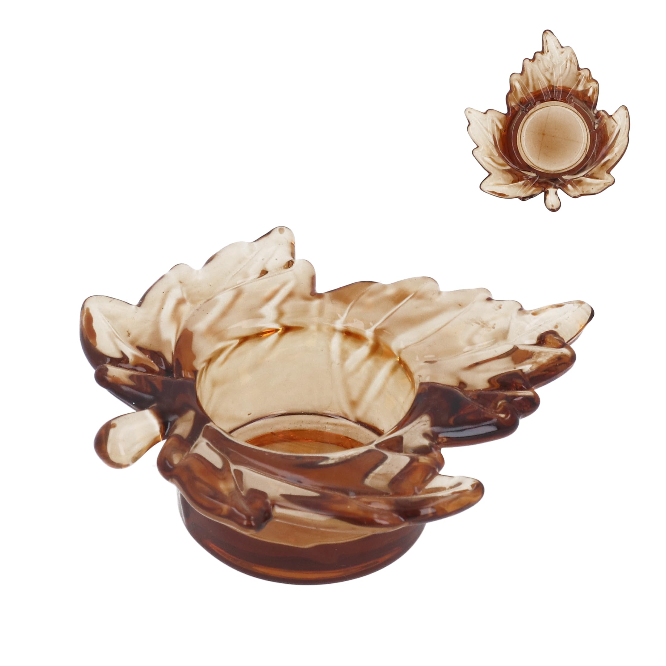 Gisela Graham Amber Maple Leaf Glass Tea Light Holder, 10Cm Diameter