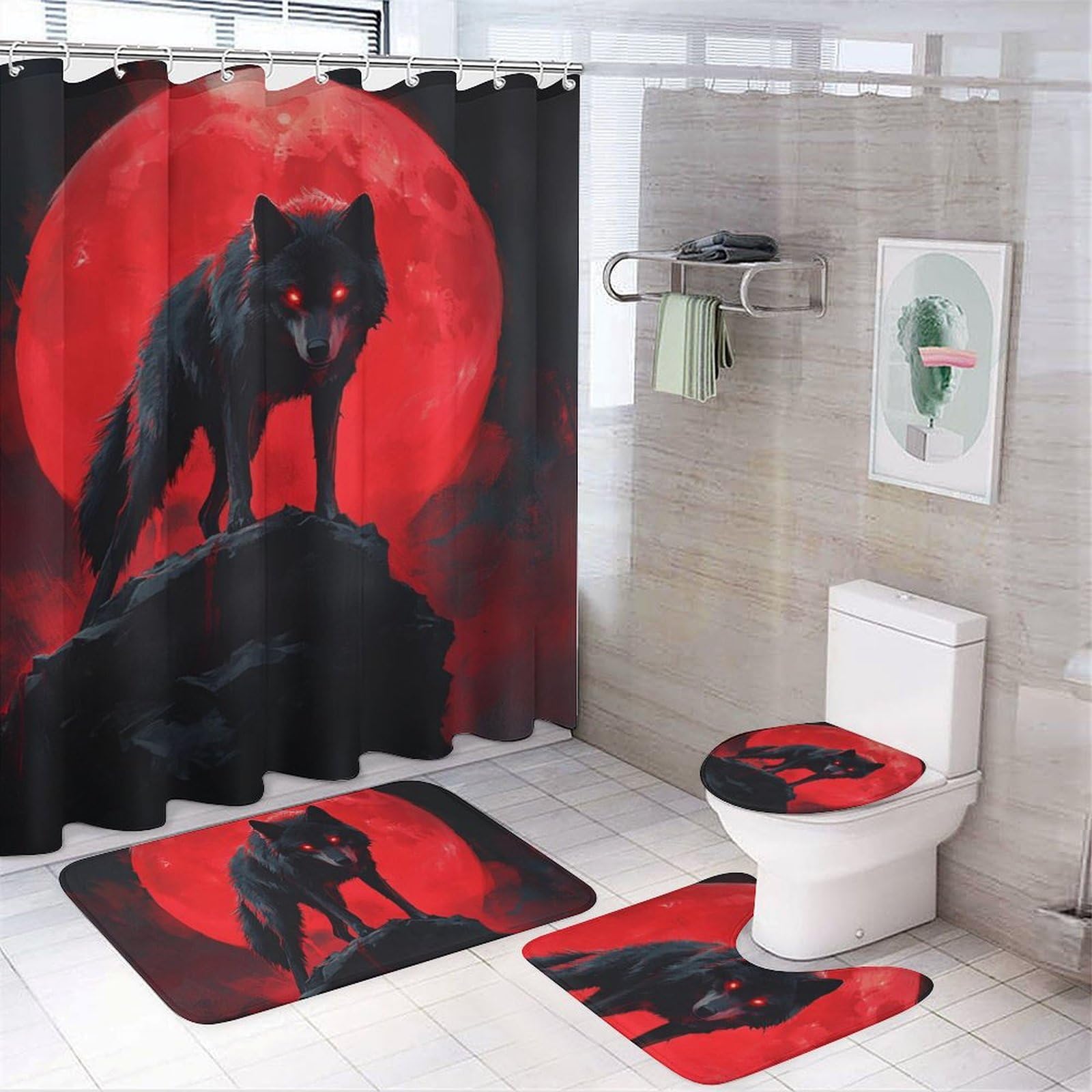 HDESDIS 4Pcs Mystical Wolf Animal Shower Curtain Set with Rugs, Toilet Lid Cover and Bath Mat, Red Moon Rock Scenery Bathroom Curtains Decor Shower