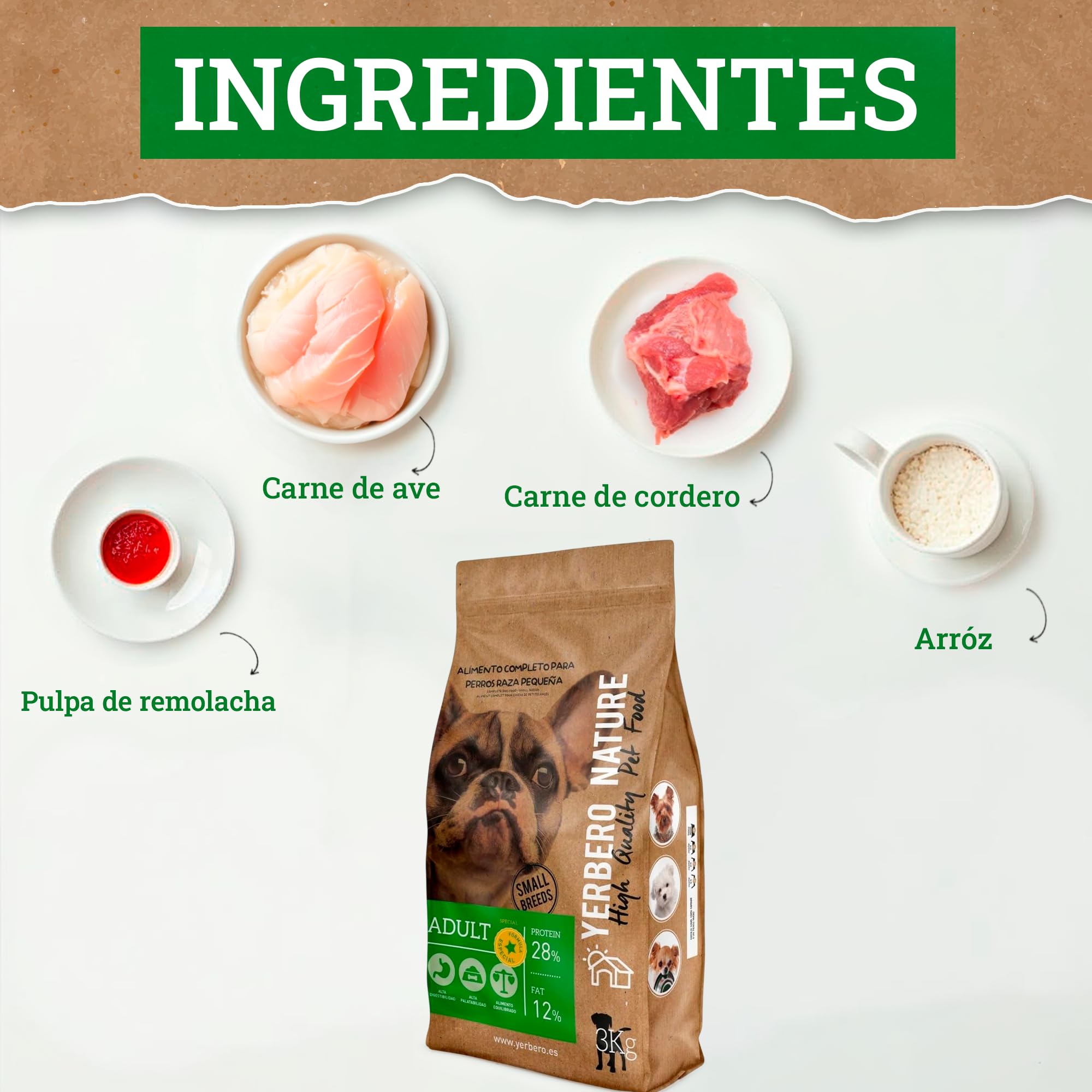 Yerbero Nature Adult Pienso para Perros Mini, Comida para Perros, Pienso Razas Pequeños Fórmula Especial con Alto Contenido Proteico, Ingredientes Digestibles para Razas Mini, Pack de 2 de 3 Kilos