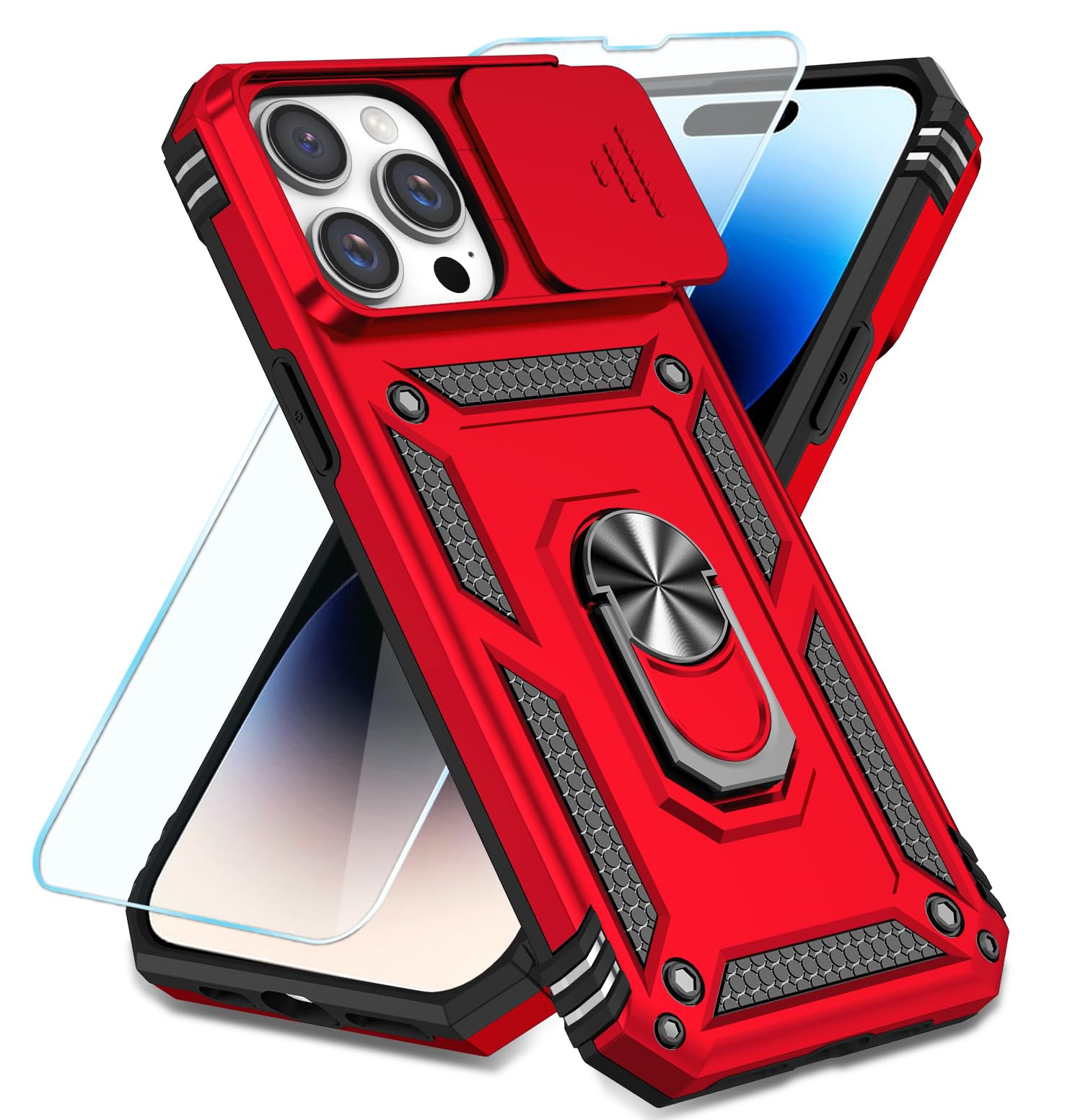 SunStory Compatible with iPhone 14 Pro Case with HD Screen Protector & Slide Camera Cover & Rotated Ring Kickstand, [Military-Grade] Phone Case for iPhone 14 Pro (Red)