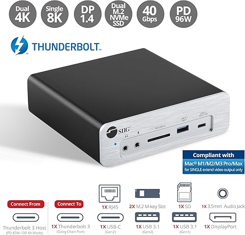 Miniatura 2 de SIIG Estación de acoplamiento para laptop Thunderbolt 3 8K, ranura dual M.2 NVMe, carga PD de 96 W, lector de tarjetas SD DisplayPort 1.4, 2 puertos