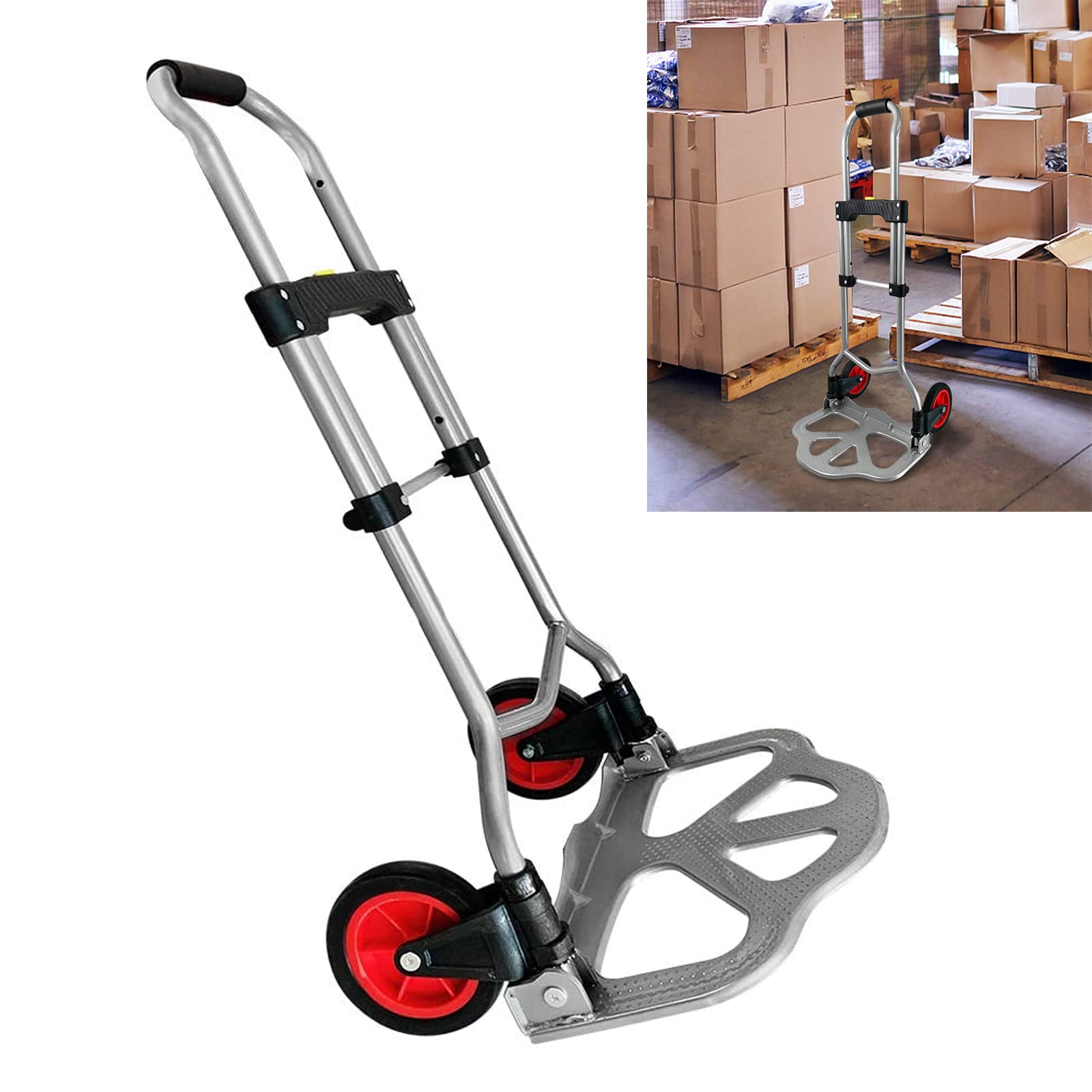 YRHome Carrello pieghevole in acciaio, carrello per il trasporto, impilabile, con manico e ruote regolabili in altezza, superficie di carico antiscivolo fino a 60 kg, per bagagli