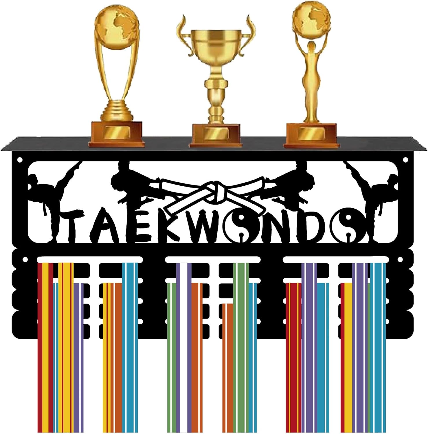 CREATCABIN Taekwondo Medal Hanger Display Trophy Shelf Medal Holder with Shelf Stand Sports 4 Rows Metal Hanging Wall Mount Frame Hold 70+ Medals for Basketball Competition Ribbon Medals 15.7x7.9Inch