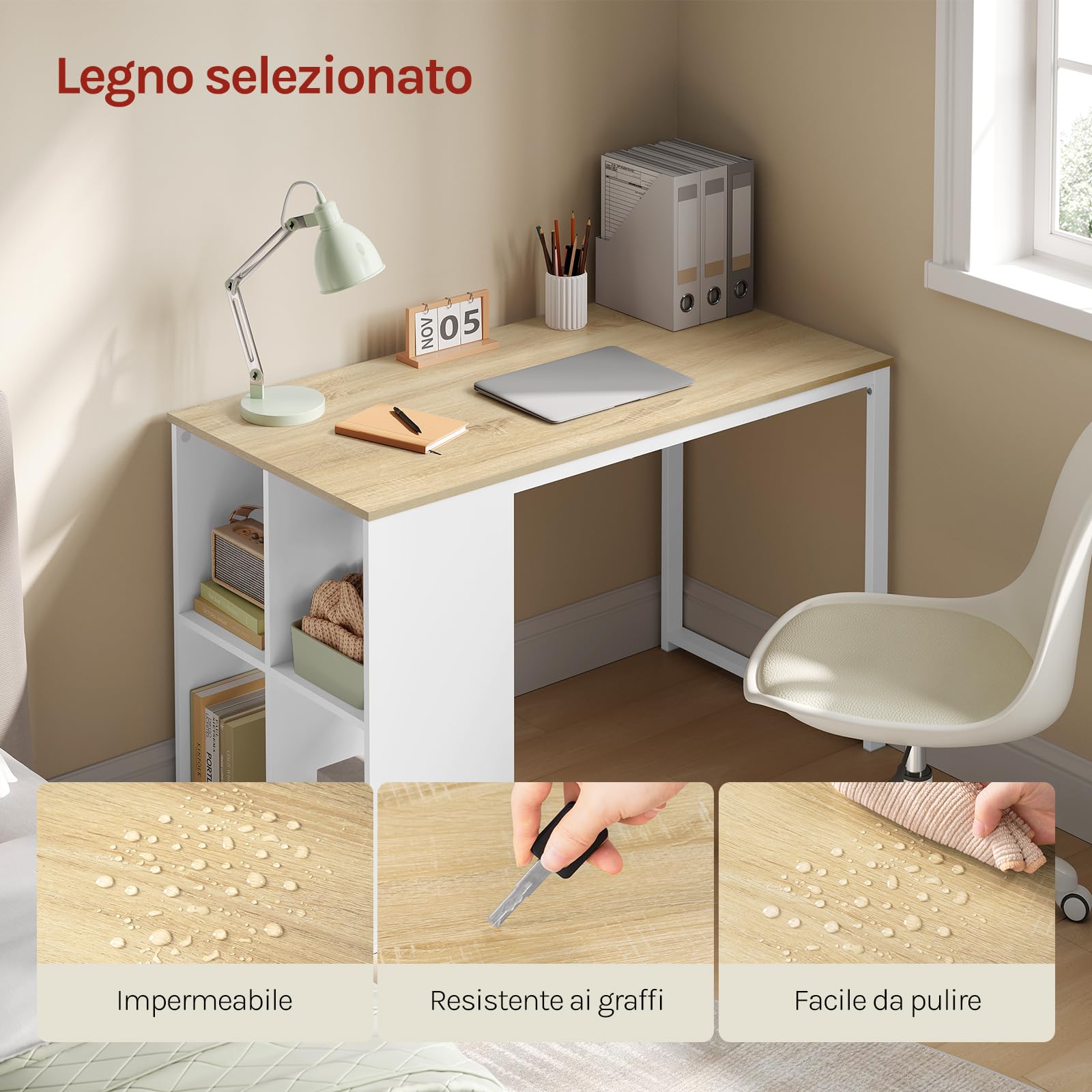 WOLTU Scrivania Ufficio Compatta con Libreria Integrata, 120x60x75 cm, Design Salvaspazio per Studio/Camera, Bianco+Rovere Naturale