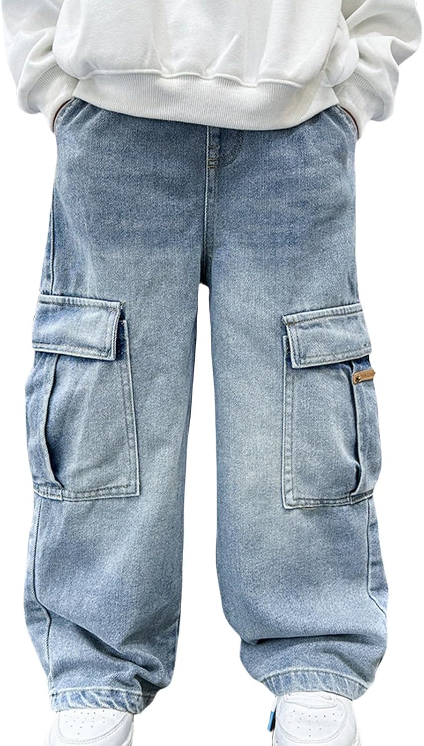 Baggy Jeans for Boys Spring Y2k Cargo Wide Leg Elastic Waisted Denim Pants Teen Trendy Loose Fit Streetwear Trousers