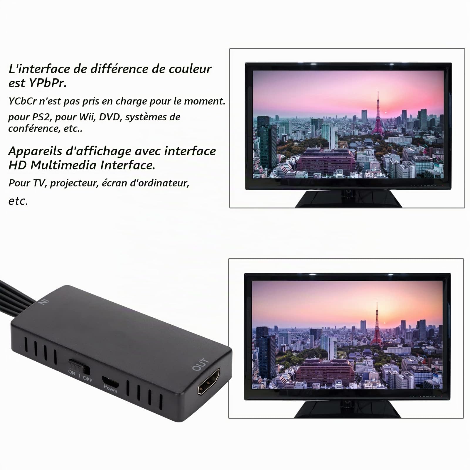 Convertisseur Composant Vers HDMI, Adaptateur D'interface Multimédia YPbPr Vers HD, Convertisseur AV 1080P, Prend En Charge Les Périphériques Source YPbPr vers HDTV, Moniteur, Projecteur, Etc.