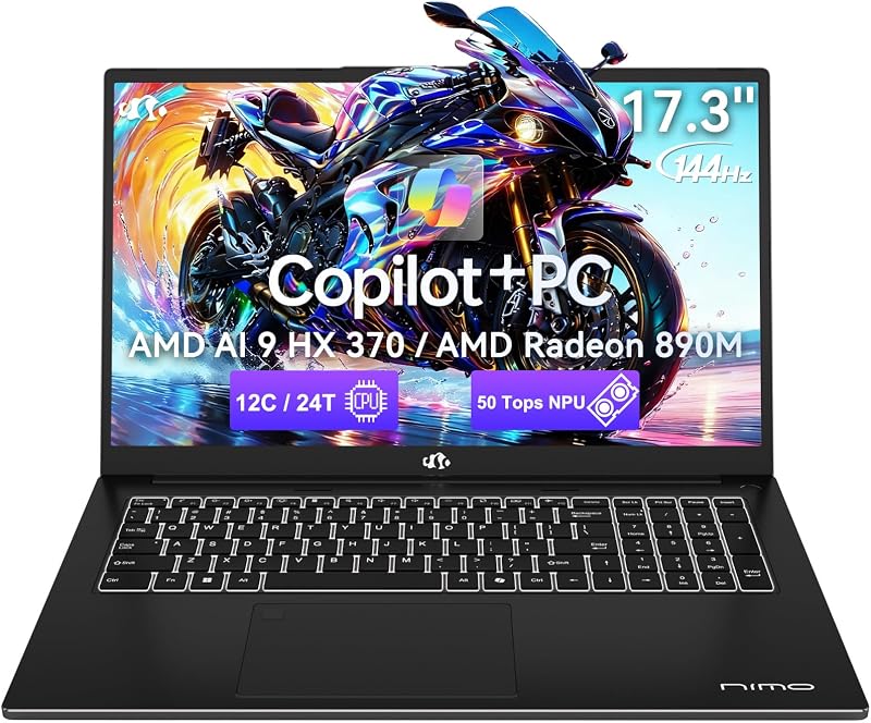17.3 Copilot+ PC AI-Laptop, AMD Ryzen AI 370 (12C/24T，50 TOPS NPU) Radeon 890M, 64GB 4TB SSD, 144Hz USB 4.0 Support eGPU, 75WH 100W PD, Numpad Backlit KB, Professional Mobile Workstation for Creators