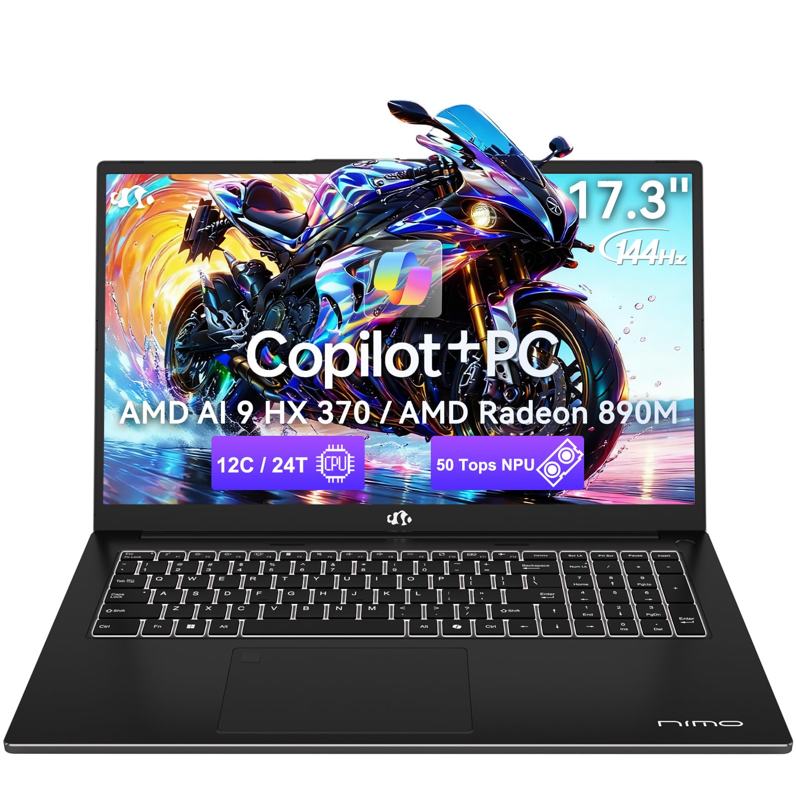 NIMO 17.3" AI Laptop, AMD Ryzen AI 9 HX 370(50 Tops NPU), Radeon 890M, 16GB RAM 1TB SSD, DDR5, 144Hz, PD 100W USB-C 4.0, Copilot+ PC AI Laptop with Wi-Fi 6E for Working Business Student