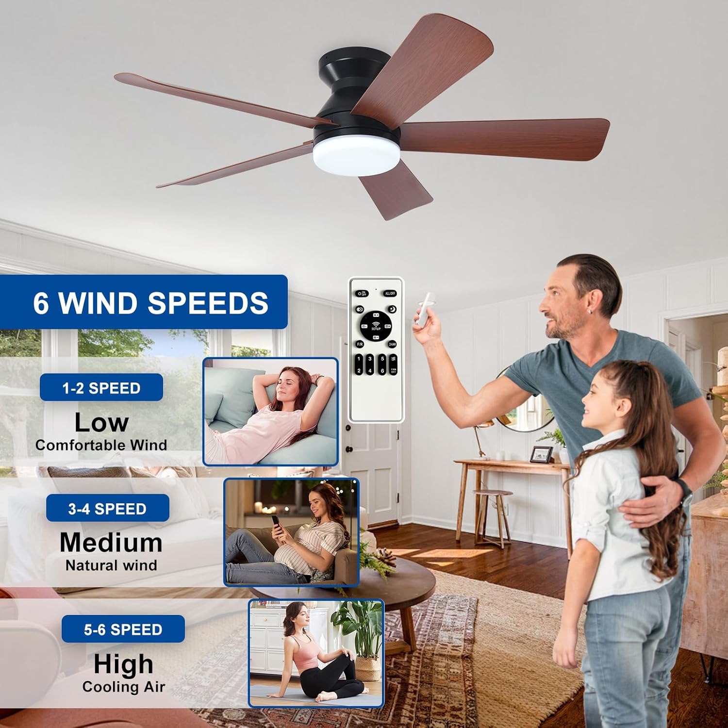 42-Inch Ceiling Fans with Lights: Walnut Low Profile Ceiling Fan with Light and Remote Control - Reversible Flush Mount Fans - 3CCT Dimmable Small Ceiling Fan for Bedroom Indoor/Outdoor Use
