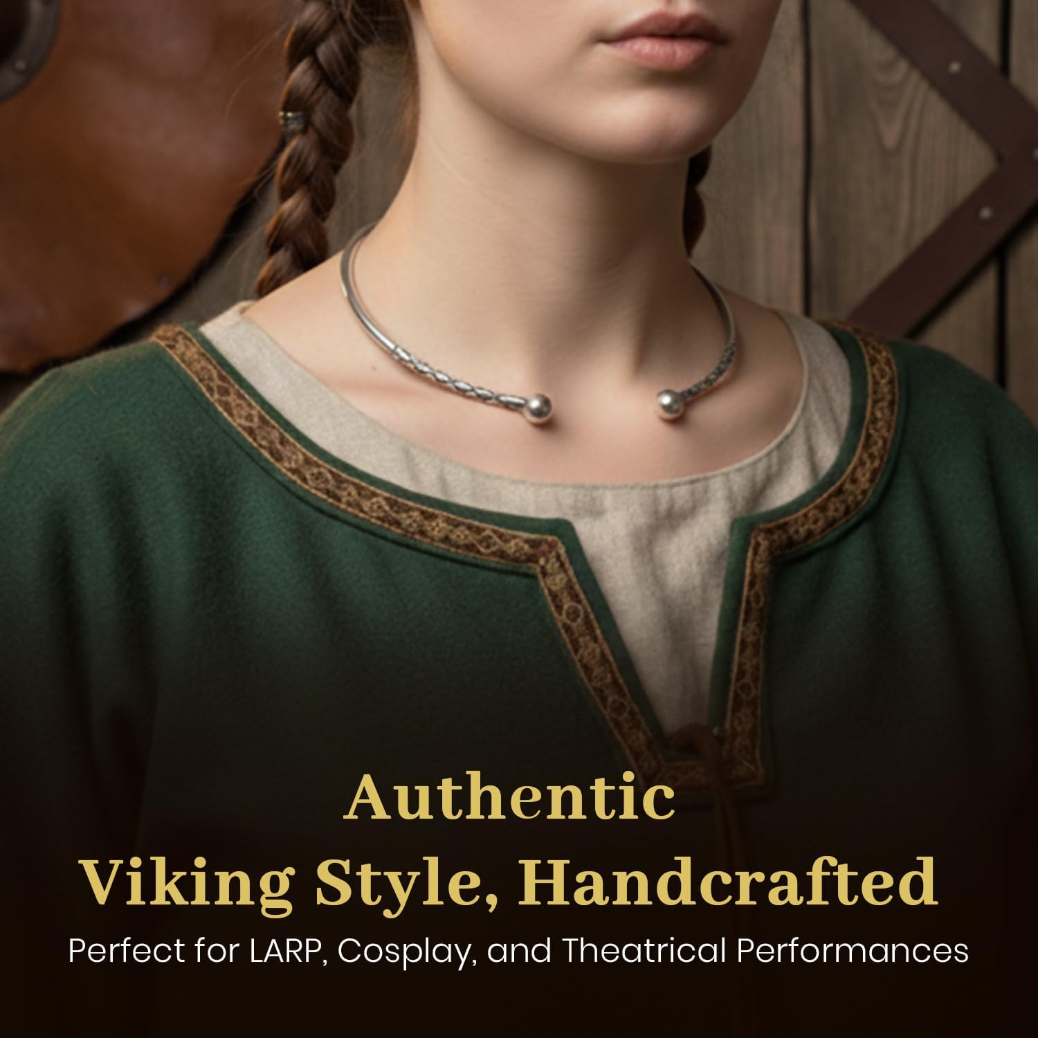 ARTIZANSTORE Historical Jewelry | Celtic Torc Necklace for s | Hand Forged Iron | Viking Jewelry | Symbol of Strength | Durable Iron with Simulated Pearl | 7.87 x 6.77 x 1.14 Inches - Image 2