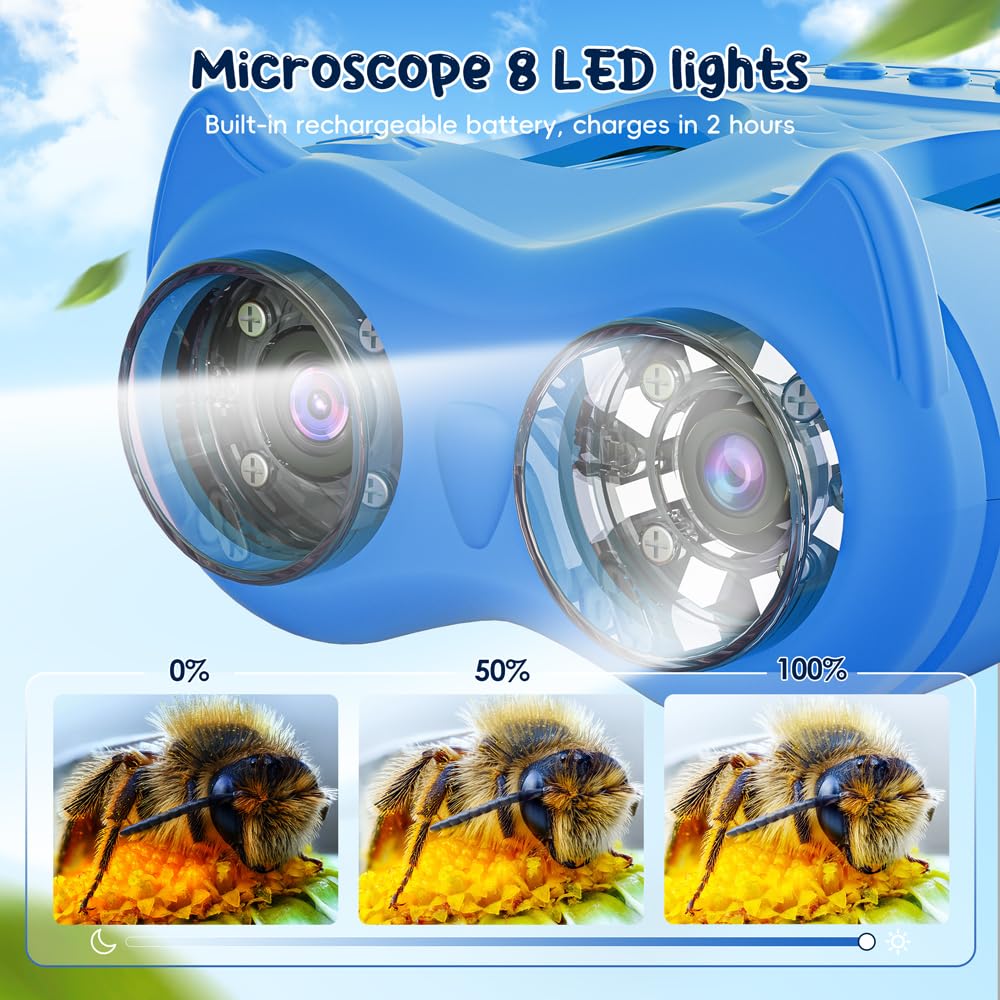 2en1 Microscope Numérique pour Enfants et Jumelles Enfant, Temodu IPS 4K 2.0 Pouces Microscope Enfant, Télescope Rechargeable 8 Lumières LED, Sciences de Plein air pour Les 3 Ans et Plus (Blue)