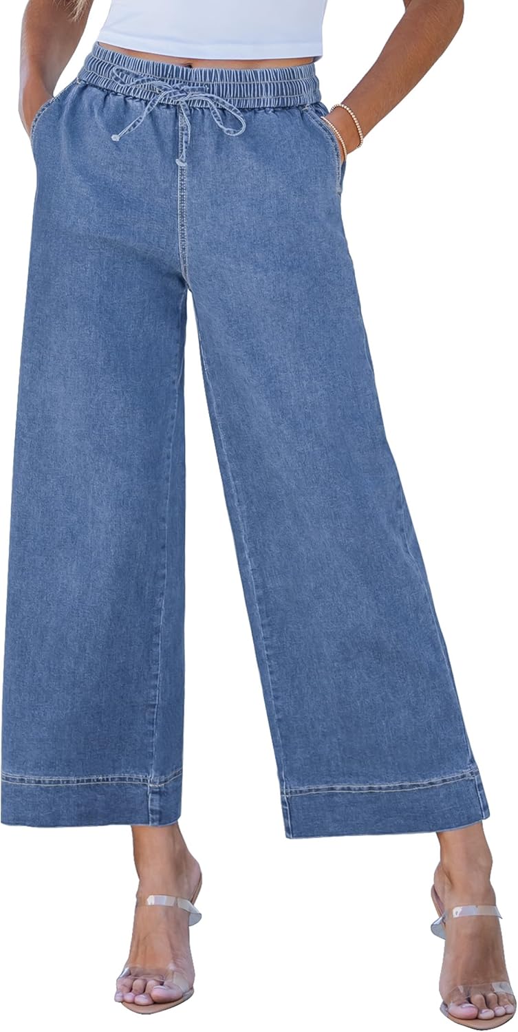 luvamia Wide Leg Jeans for Women High Waisted Cropped Pull On Jeans Elastic Wasit Drawstring Stretch Denim Trouser Pants