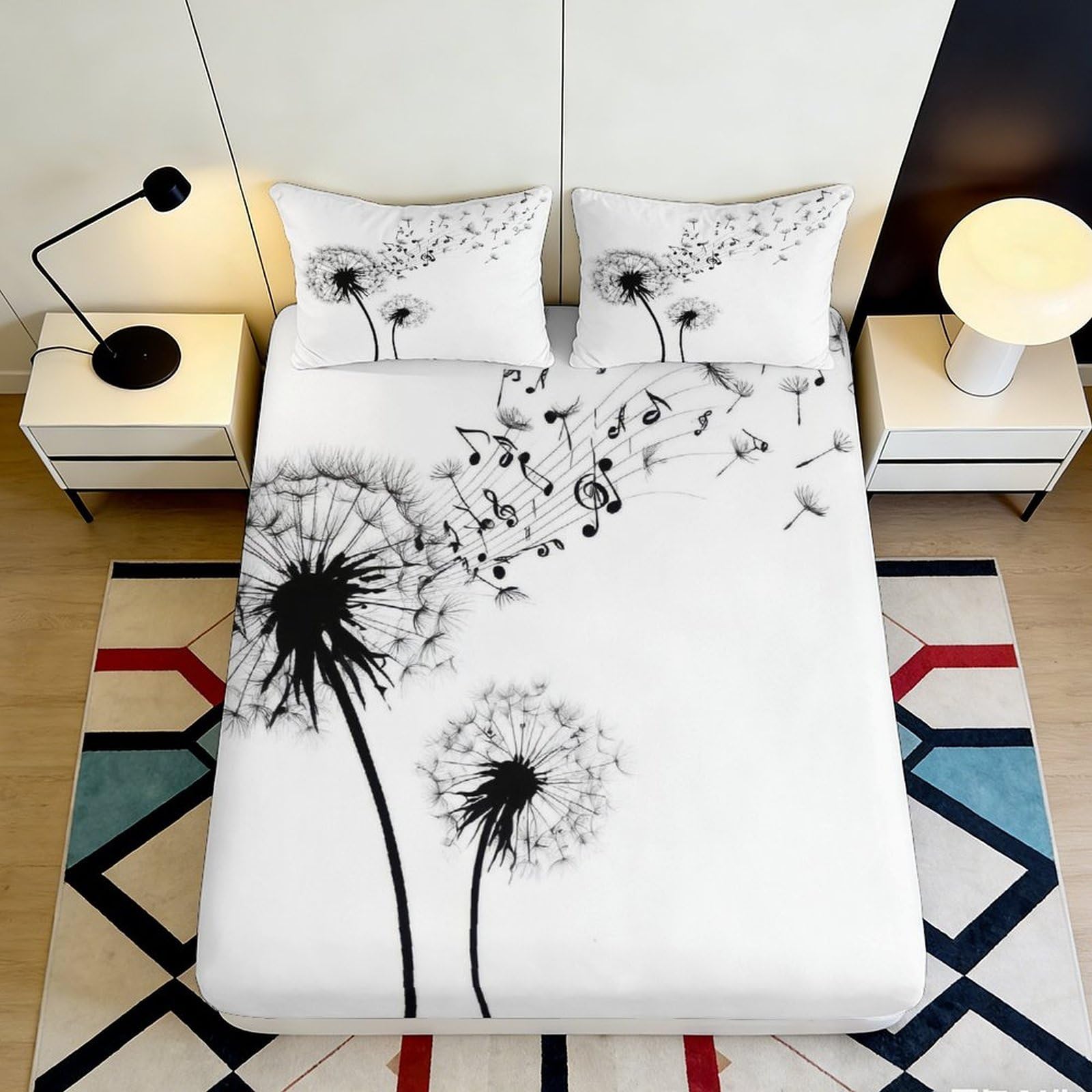 3D Printed Dandelion Fitted Sheet Microfiber Soft Breathable Black White Seed Bed Cover for Bedroom Dorm Mattress Protection Decor 90x200x25cm