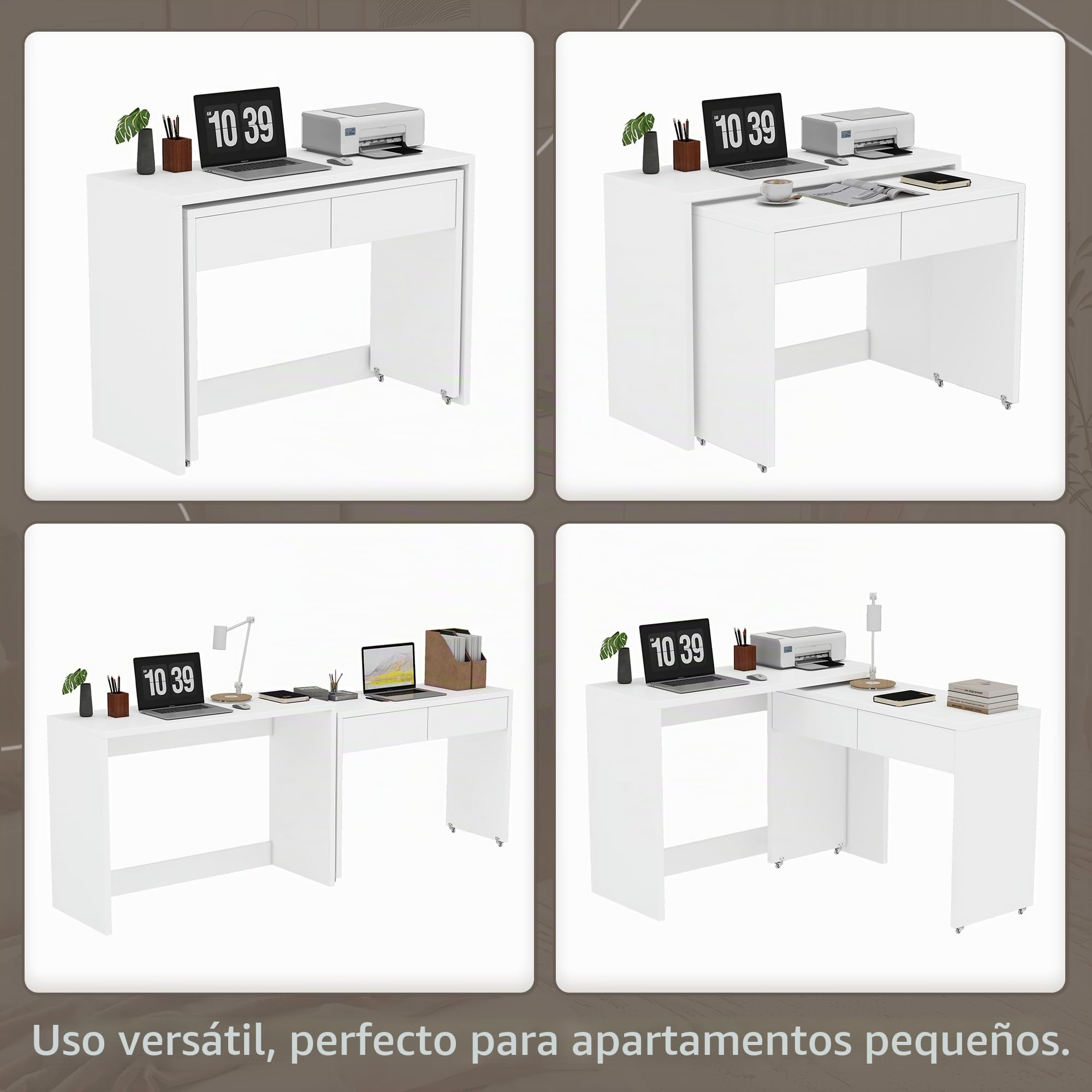 Escritorio plegable, escritorio con cajones, escritorio de esquina, aparador, escritorio de estantería, escritorio compacto 2 en 1, extensible, ruedas equipadas, 110 × 40 × 78 cm (blanco)