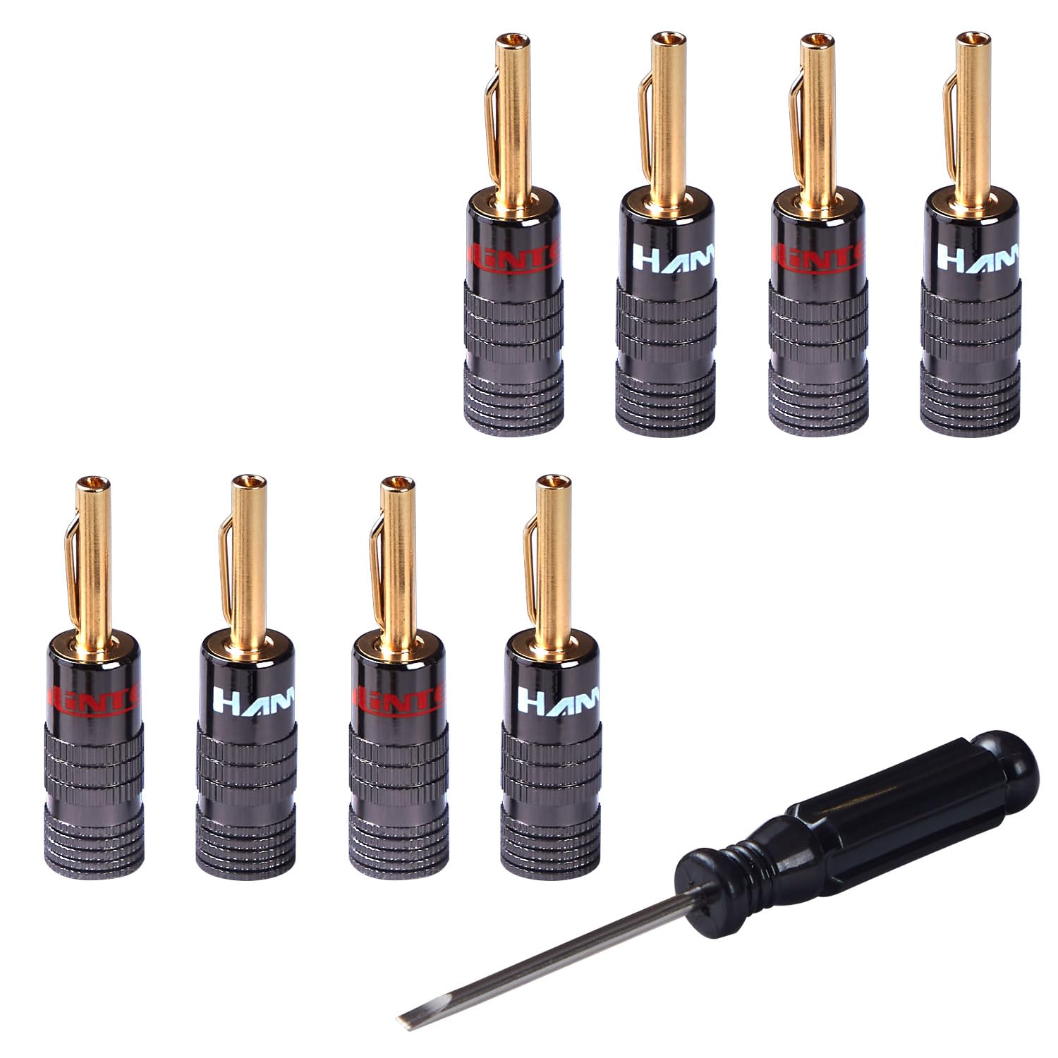 HANNLINTE Speaker Wire Banana Plugs (4 Pairs, 8 Plugs) 24K Gold Plated