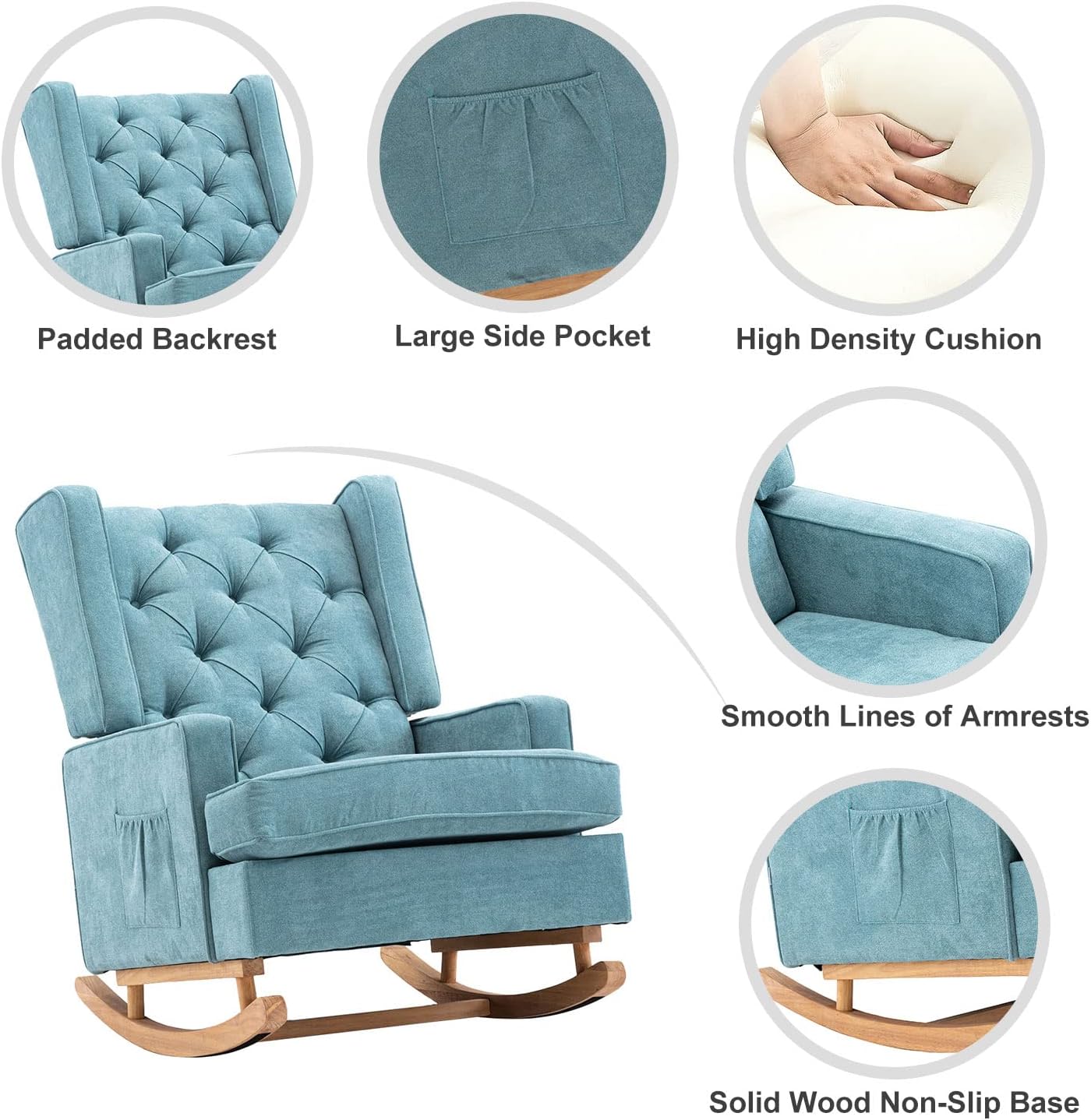Rocking Chair Nursery,Upholstered Glider Chair for Nursery,Mid Century Modern Oversized Wingback Armchair for Living Room(Beige)