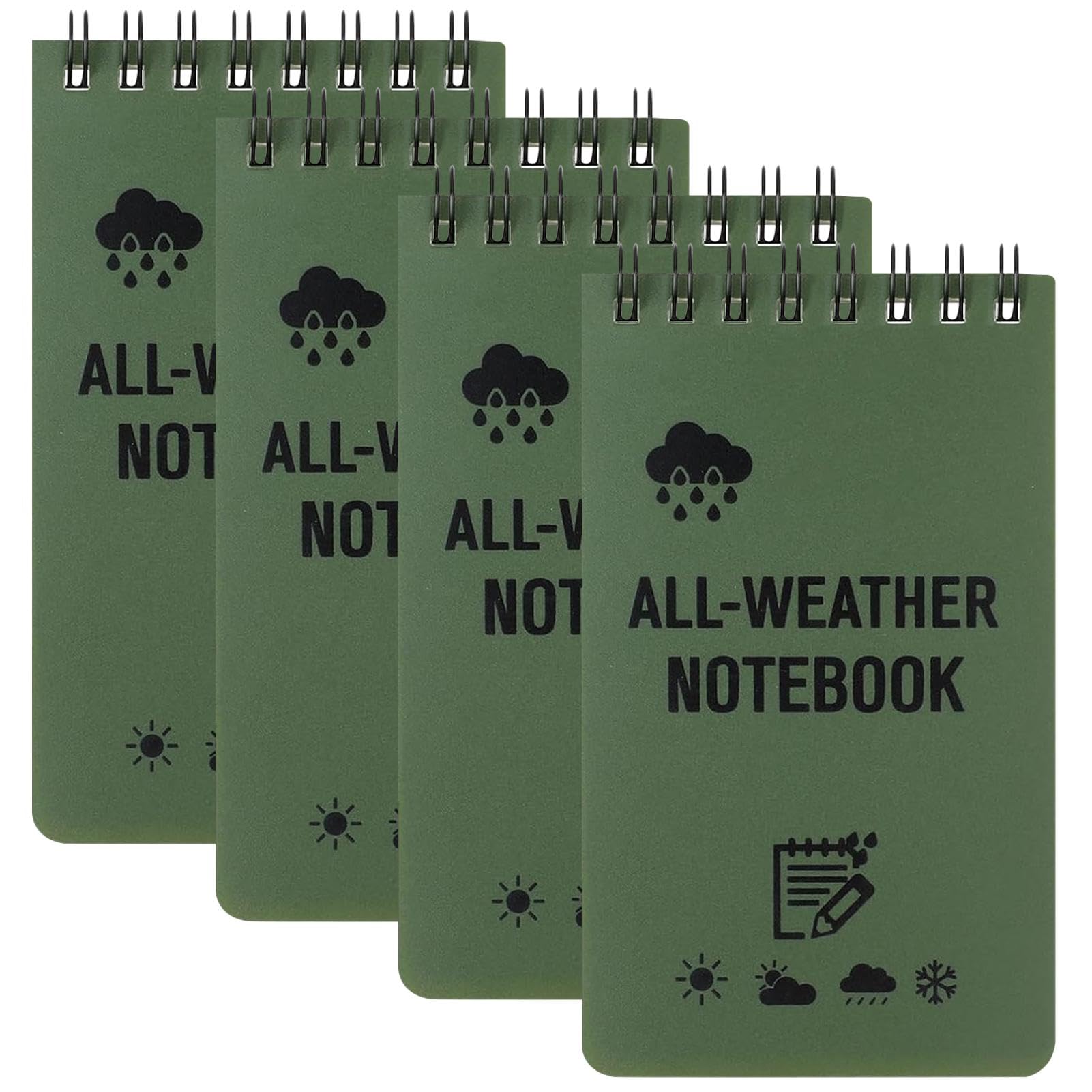NHBETYS 4 Pack Waterproof Notebook, 3x5 Inch Pocket Notepad - Military Green, Grid Pages, Top-Spiral, All-Weather Writing Pad for Outdoor, Tactical Use