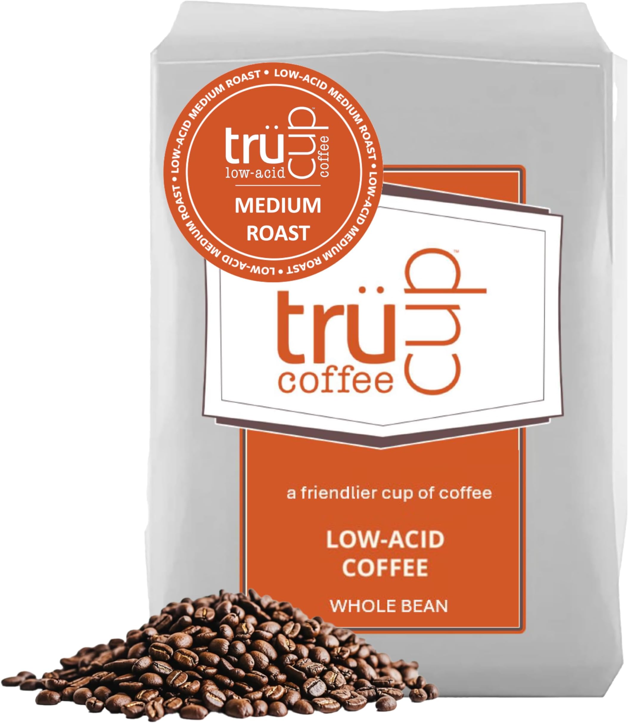 trücup Low Acid Coffee, Whole Bean Coffee Medium Roast 12 Oz, Natural Water&Steam Process (60% Less Acid), Smooth Flavor, Stomach-Friendly Rich in Antioxidants