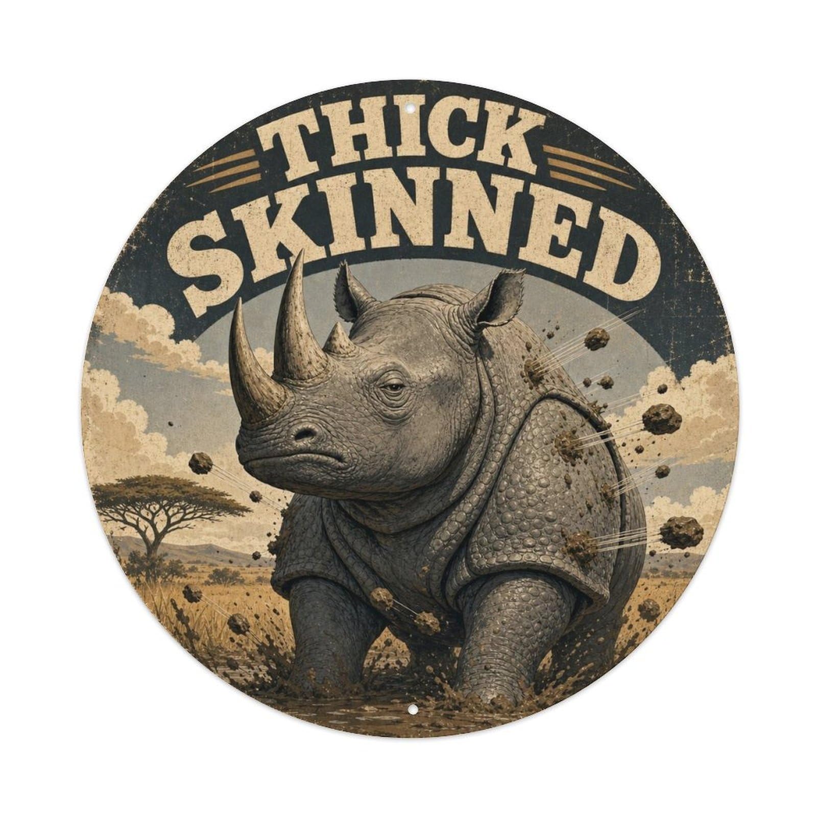Okngb Style Rhino Cartoon Gesture Animal Humor Bold Graphic Vintage Metal Tin Sign Plaque Wall Decor For Cafe, Man Cave, Club Bar, Office, Home Garden Round Metal Poster 8X8inch