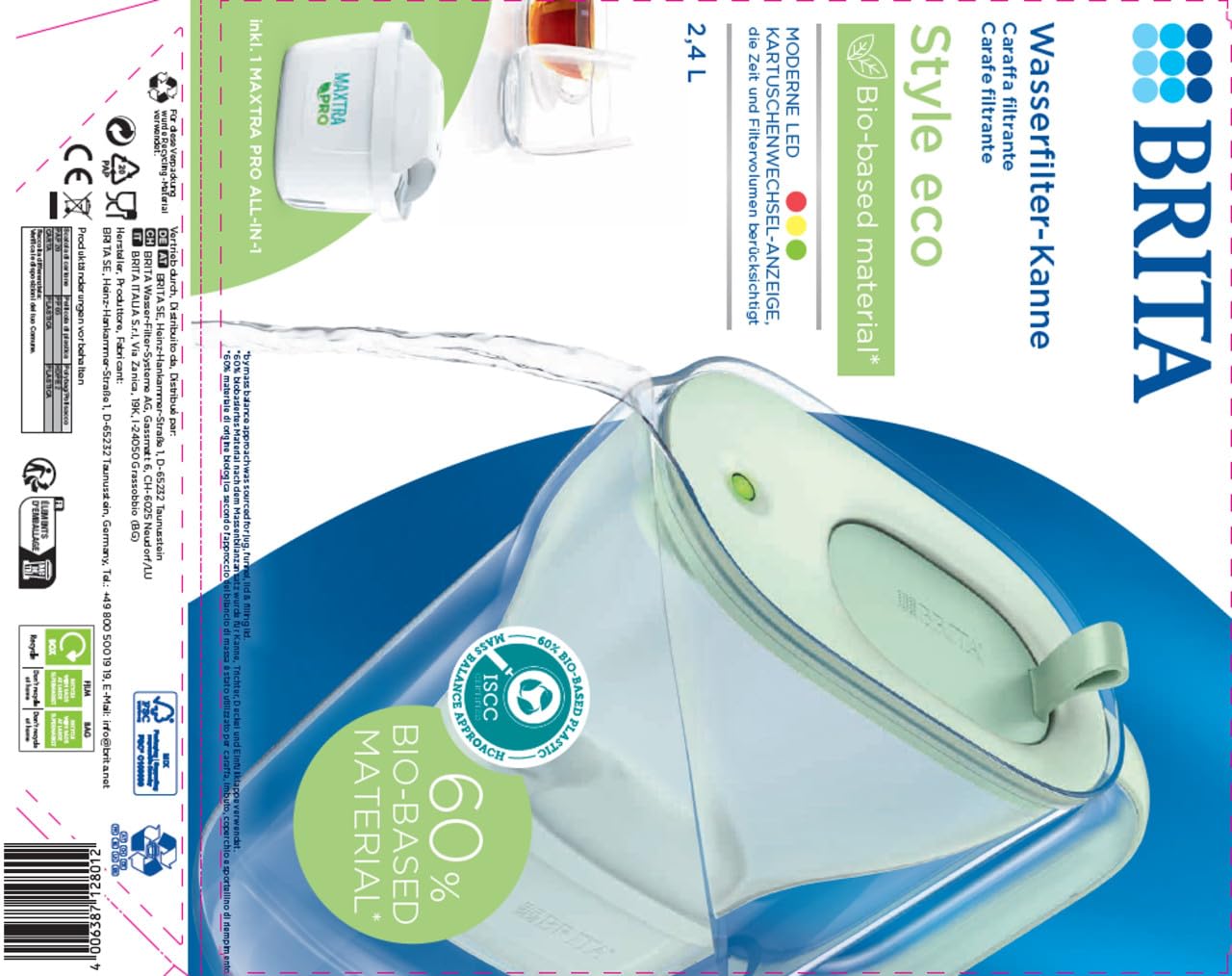 BRITA Style Eco Green Water Filter Jug (2.4 L) Including 1 Maxtra Pro All-in-1 Cartridge - Sustainable Water Filter in Modern Design to Reduce Limescale, Chlorine, Lead & Impurities