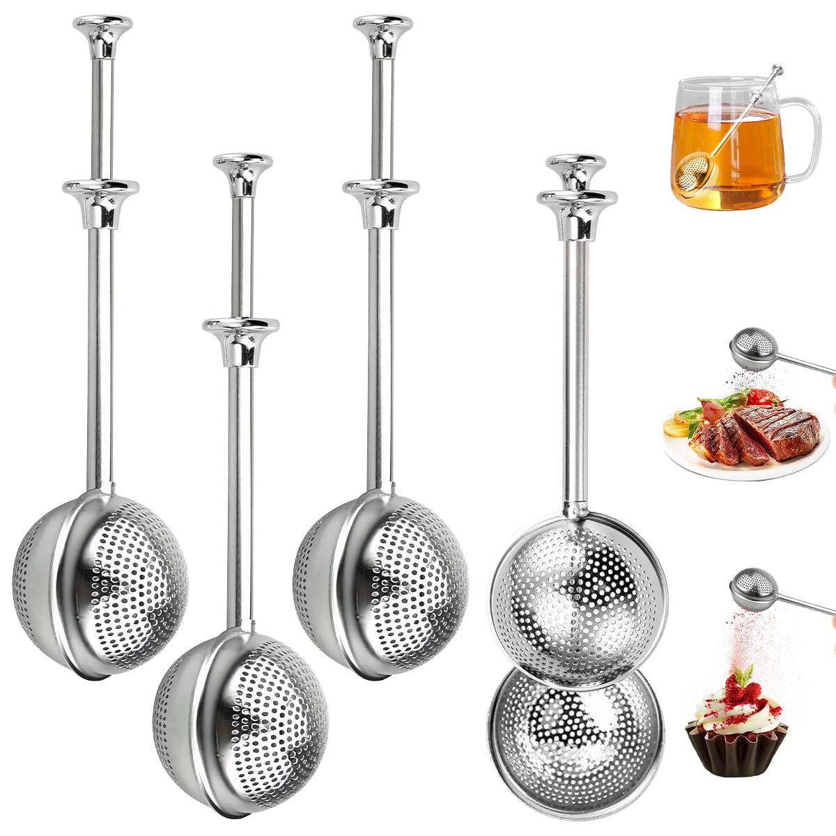 4 infusores de té de acero inoxidable para hojas sueltas, colador de té de malla fina 2025, accesorios de té, varita de polvo para hornear, sacudidor de azúcar (4 piezas)