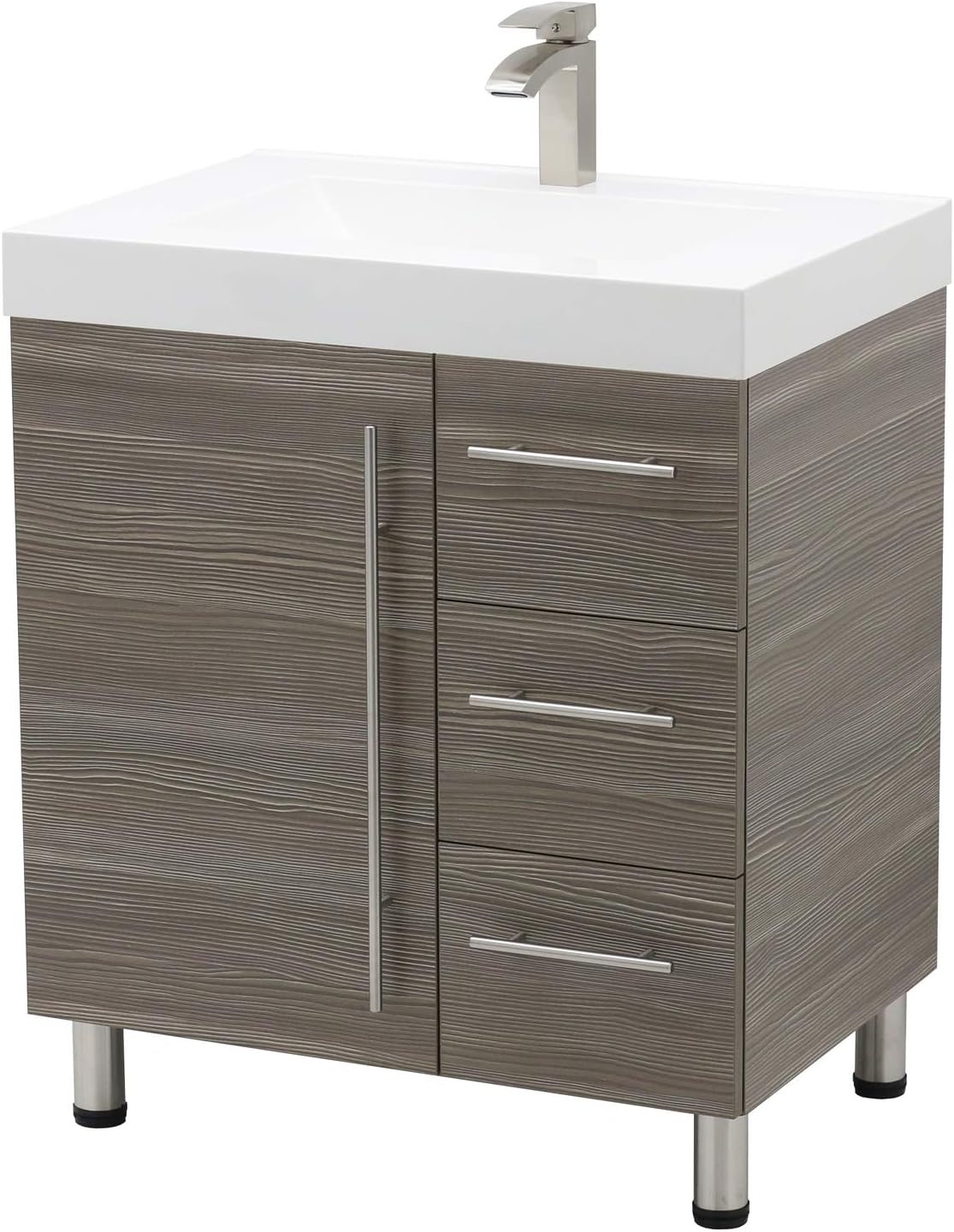 30" Freestanding Bathroom Vanity, Taupe. White Integrated Countertop