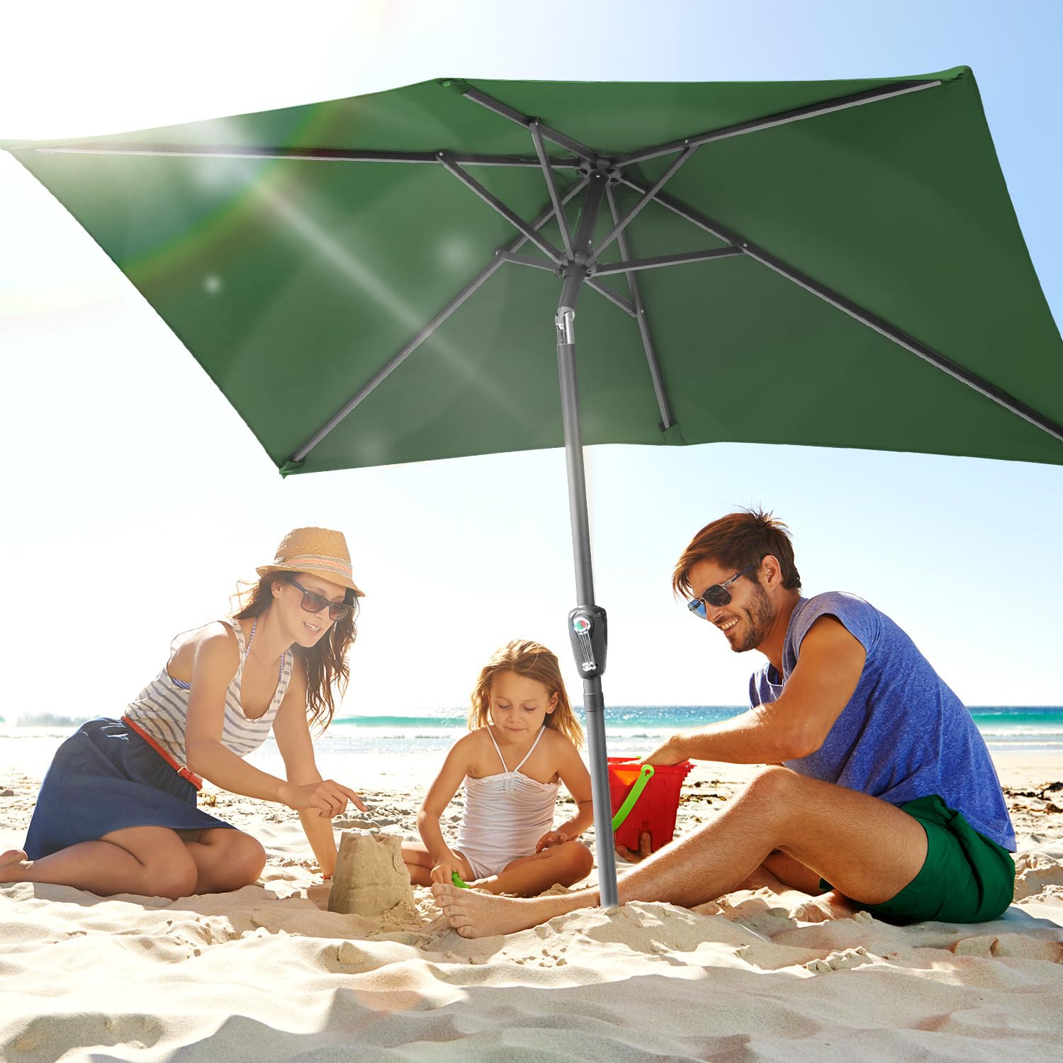 Parasol 1,4x2,1/2x3 m, UV50+, Parasol z korbą i regulacją pod kątem 30°, 160g/m² poliestru, bez podstawy, duży parasol z korbą do basenów, balkonów i ogrodów, z LED/bez LED