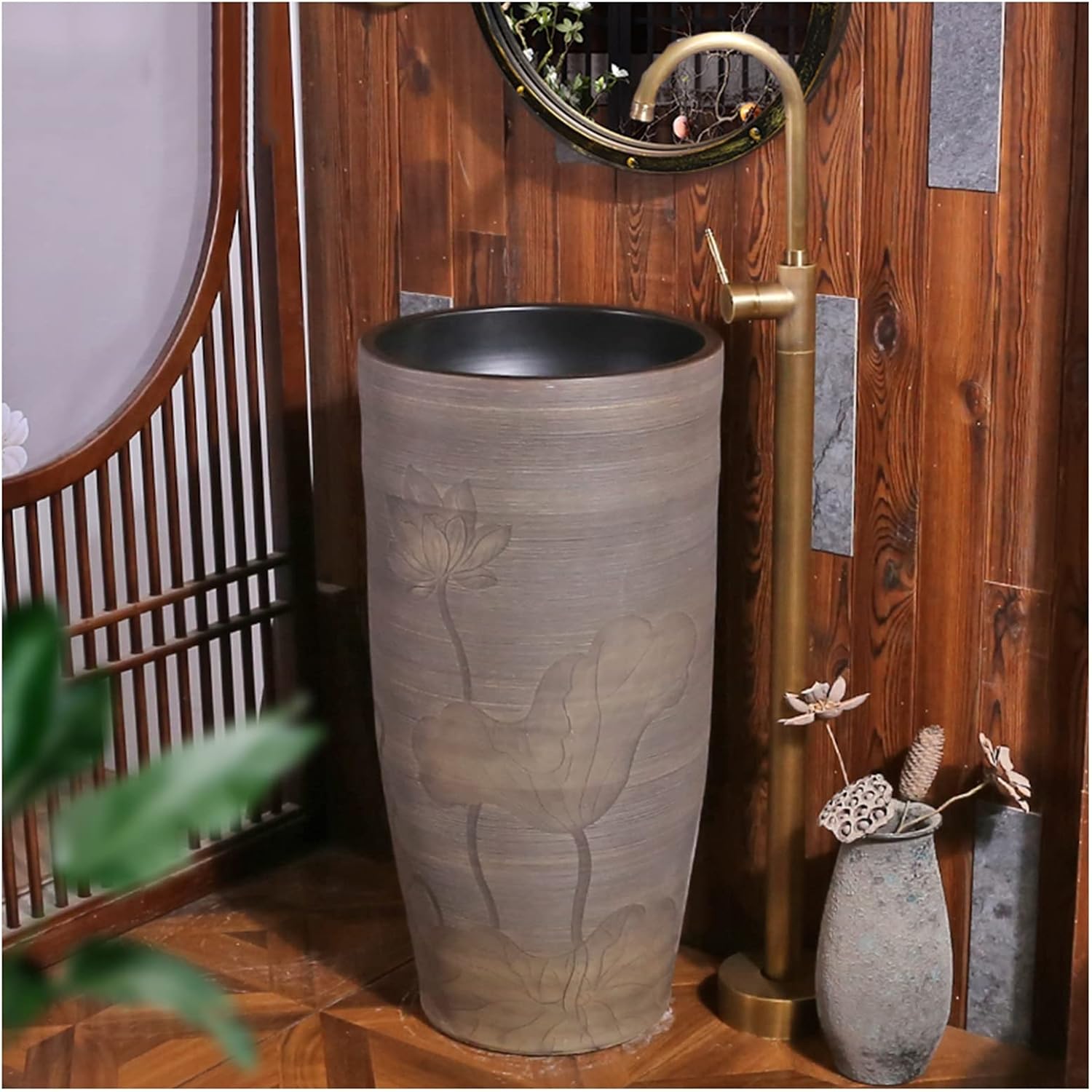Oval Bathroom Basin Sink, Pedestal Bathroom Sink Ceramic Basin Sink and Pedestal Lavatory Sink with Drain & Faucet for Indoor and Outdoor,C,B-Without Mirror