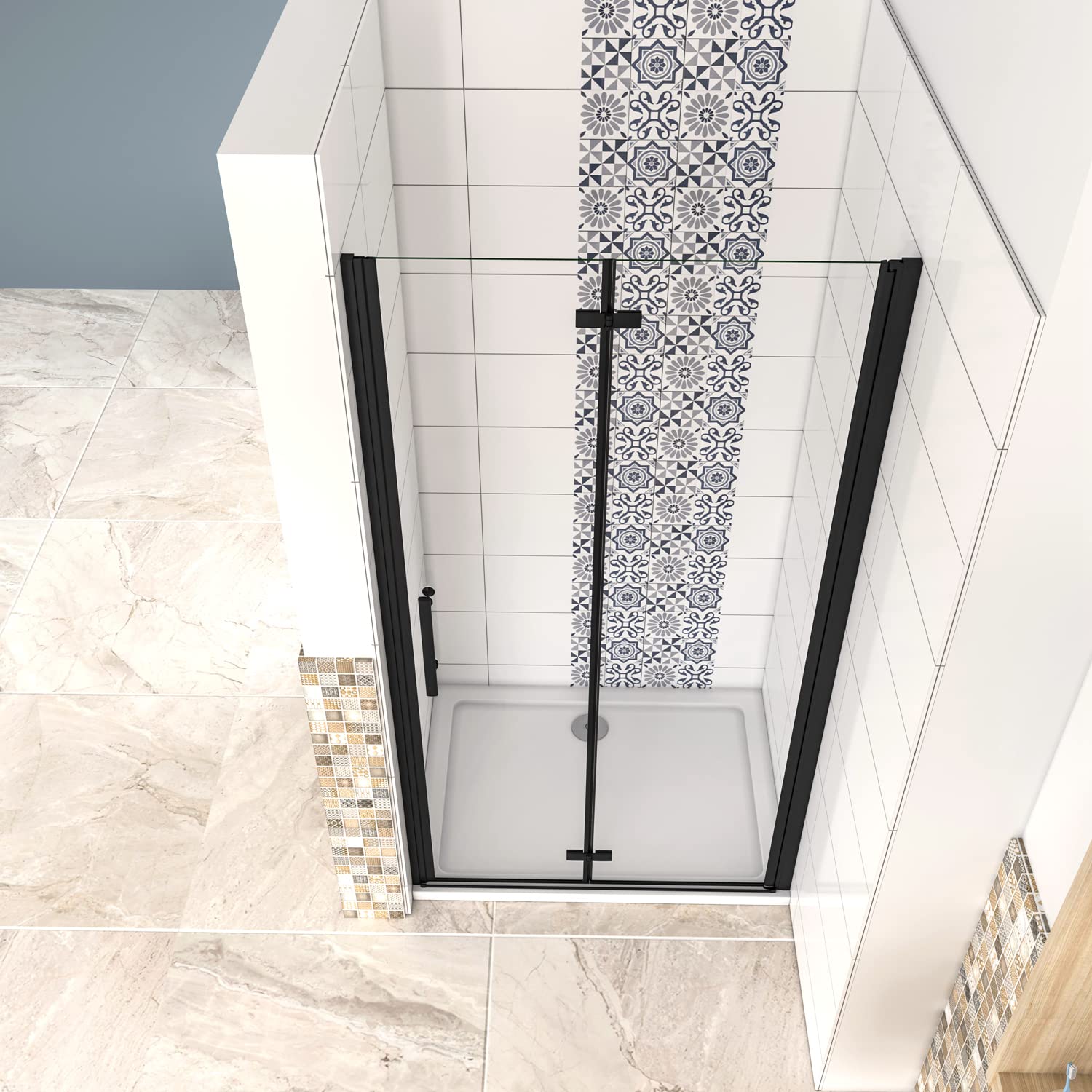 90x190cm Porta Doccia per Nicchia Apertura Battente Pieghevole in Vetro Temperato Trasparente 5 mm Anticalcare Telaio Nero Opaco