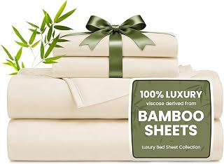 Love's cabin 4 Piece Queen Sheet Set, 100% Rayon Derived from Bamboo, Cooling & Breathable, Soft Silky Deep Pocket up to 16", Hotel Luxury Bedding for Hot Sleepers, Beige