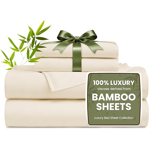 Love's cabin 4 Piece California King Size Sheet Set, 100% Rayon Derived from Bamboo, Cooling & Breathable, Soft Silky Deep Pocket up to 16", Hotel Luxury Bedding for Hot Sleepers, Beige