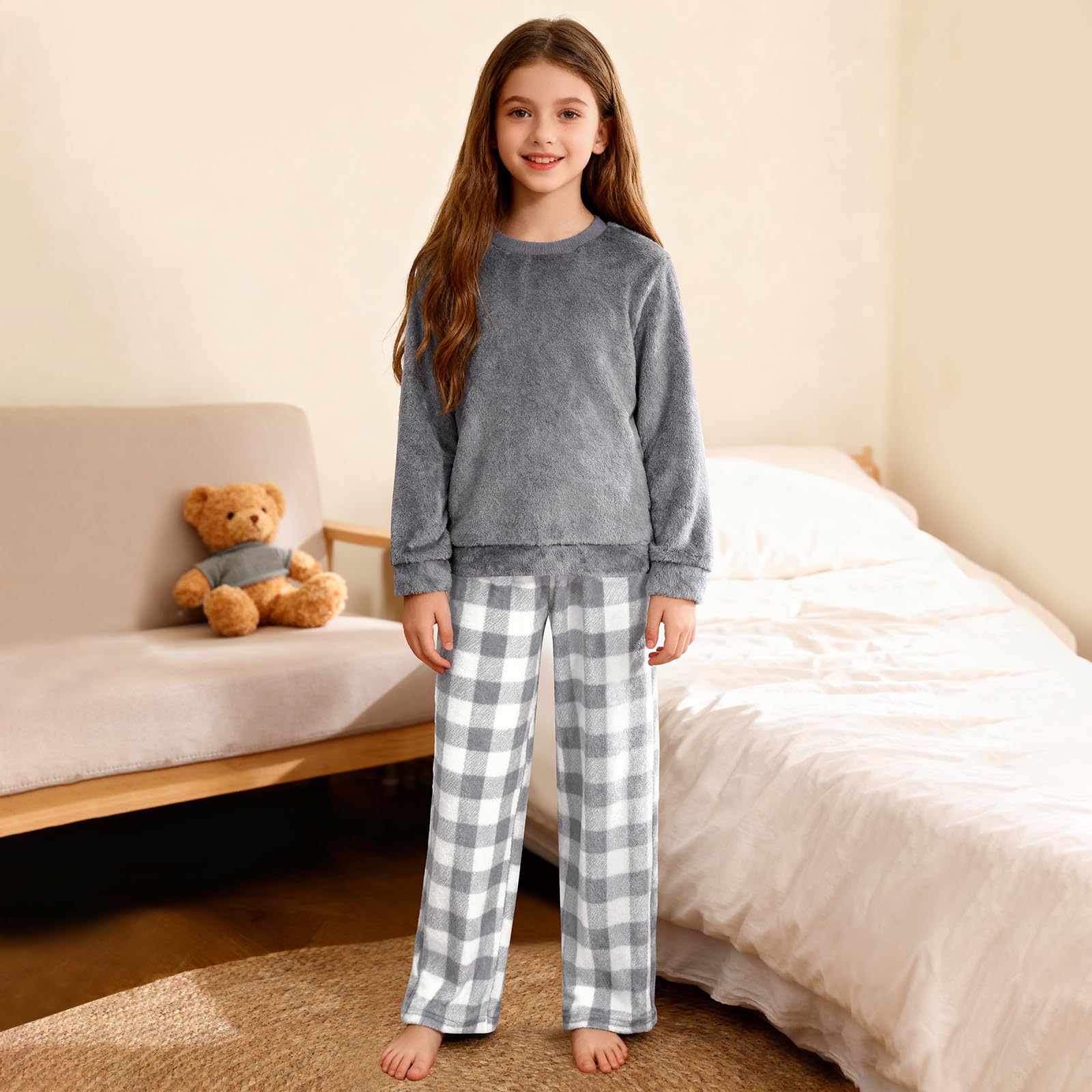 Conjunto de pijama mullido de franela de forro polar para niñas, conjunto de ropa para niñas y niños, camiseta de cuello redondo y pantalones a cuadros, 2 piezas