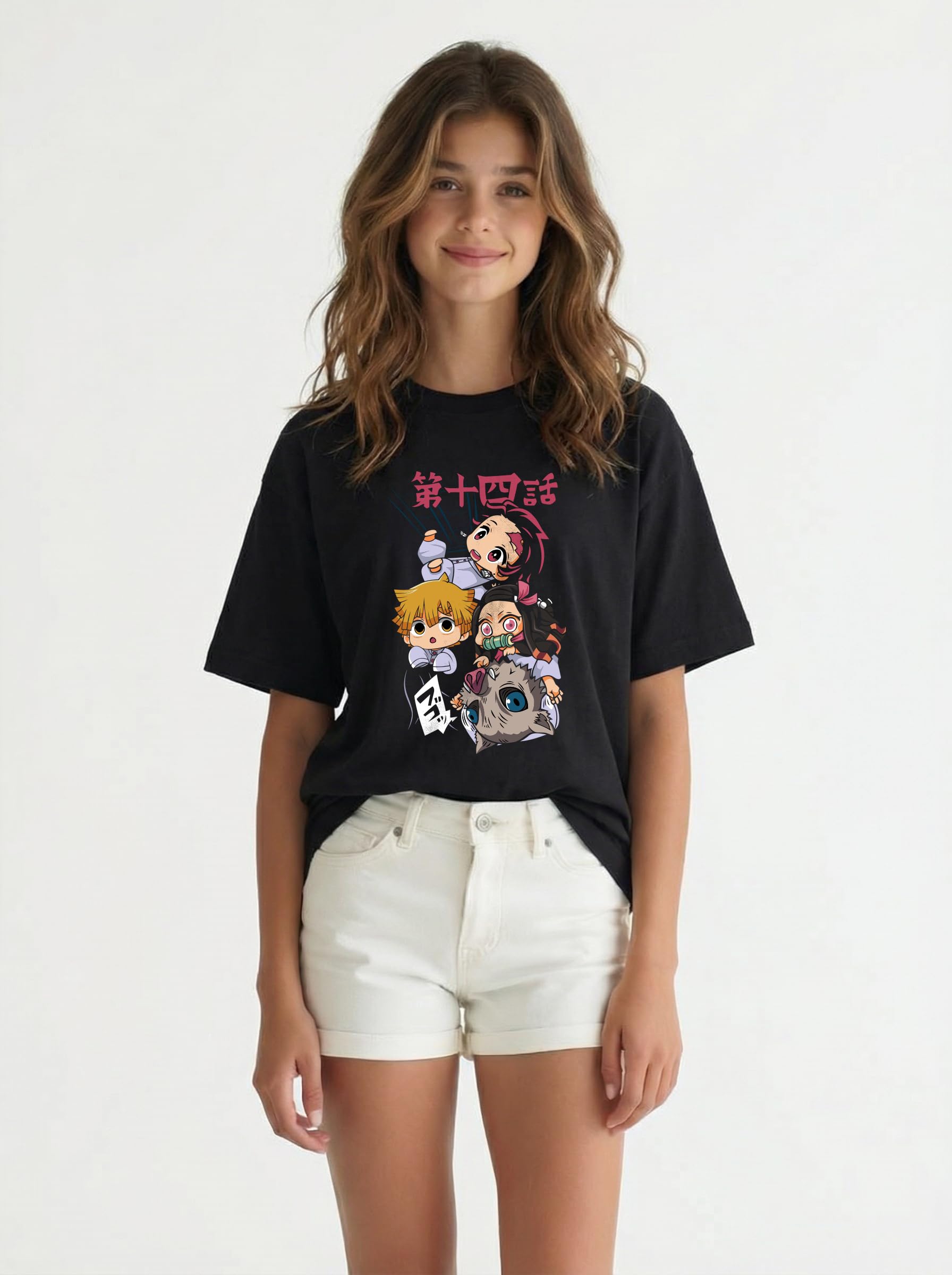100% Pure Cotton Drop Shoulder Oversized Baggy Fit Half Sleeve Round Neck Unisex Anime Print Graphic T-Shirt for Kids-picture-31