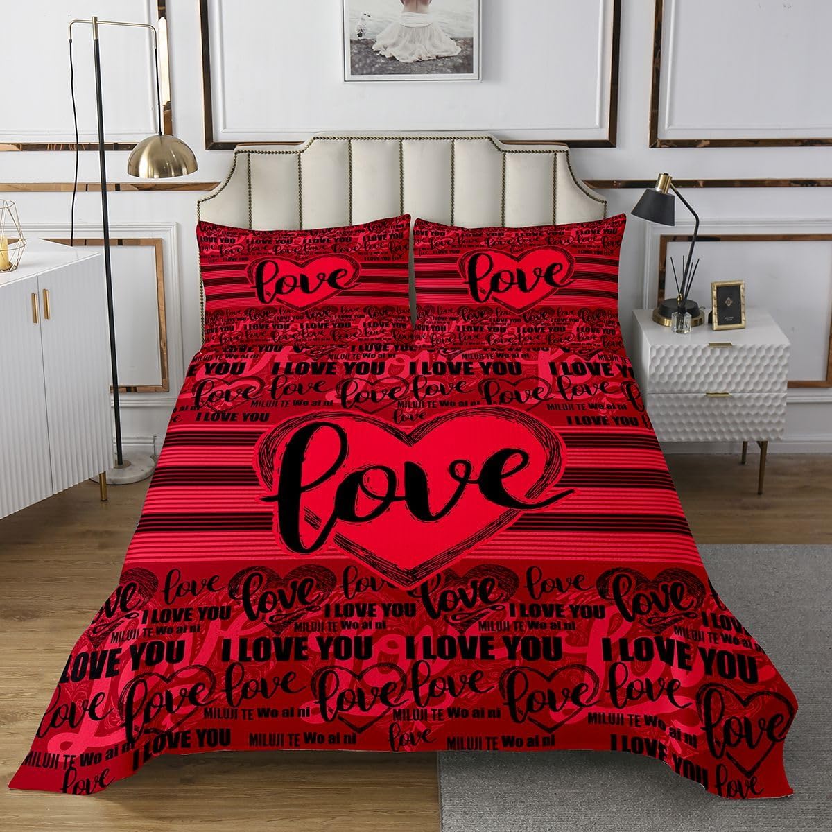 Erosebridal Valentine's Day Quilt Queen Romantic Love Bedspread Red Heart I Love You National Language Coverlet for Lover Couple Man and Wife Geometric Stripes Room Decor Quilted