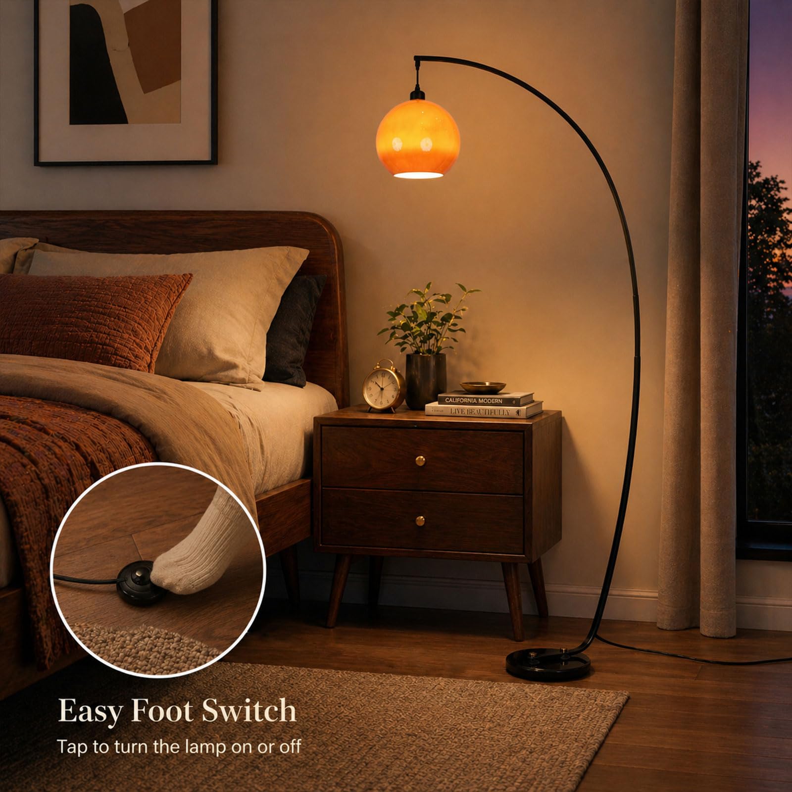 Lampada Da Terra Ad Arco Da 180 CM, Stile Mid-Century Modern, Arancione, Con Globo In Vetro, Attacco E27, 3 Temperature Di Colore, Base In Marmo, Lampada Alta Per Soggiorno E Camera Da Letto