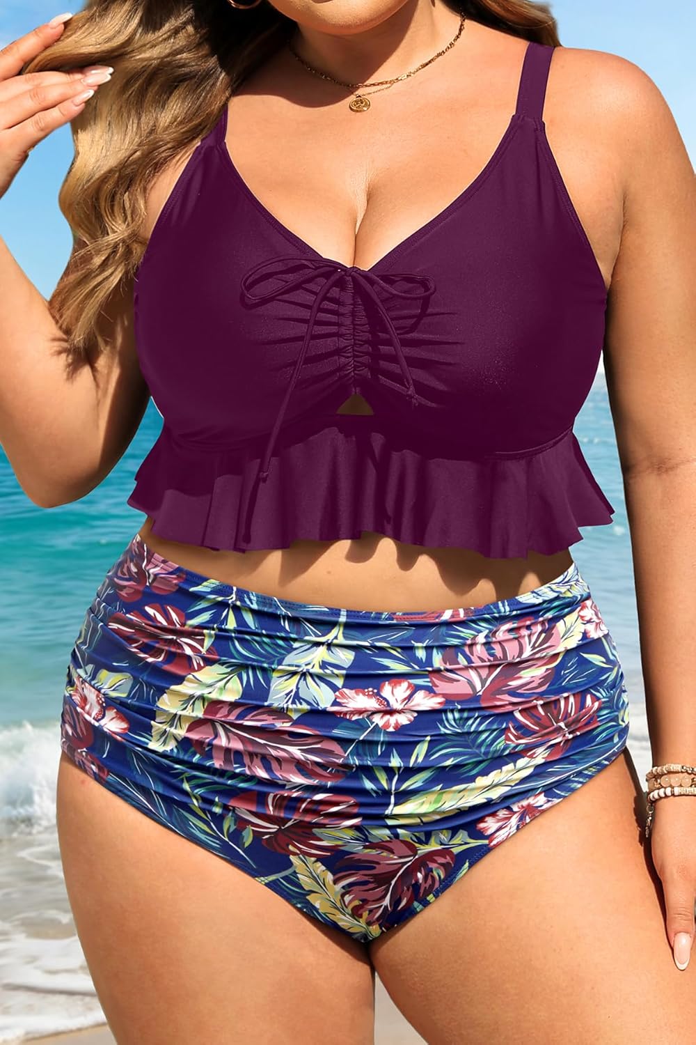 Daci Women Plus Size Two Piece Swimsuits - High Waisted Bikini Set Ruffle Tummy Control Bathing Suits with Bottom