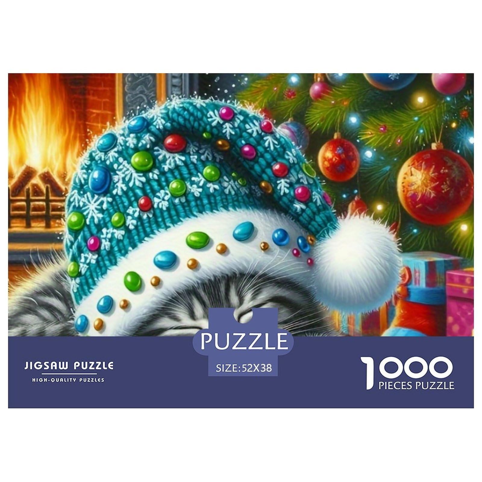 Christmas Cat Sleeping Challenging Puzzles 1000 Pc - Sleeping Cat Christmas Wreath for Men And Women Recycled Paper Educational Game Challenge52x38cm/1000pcs
