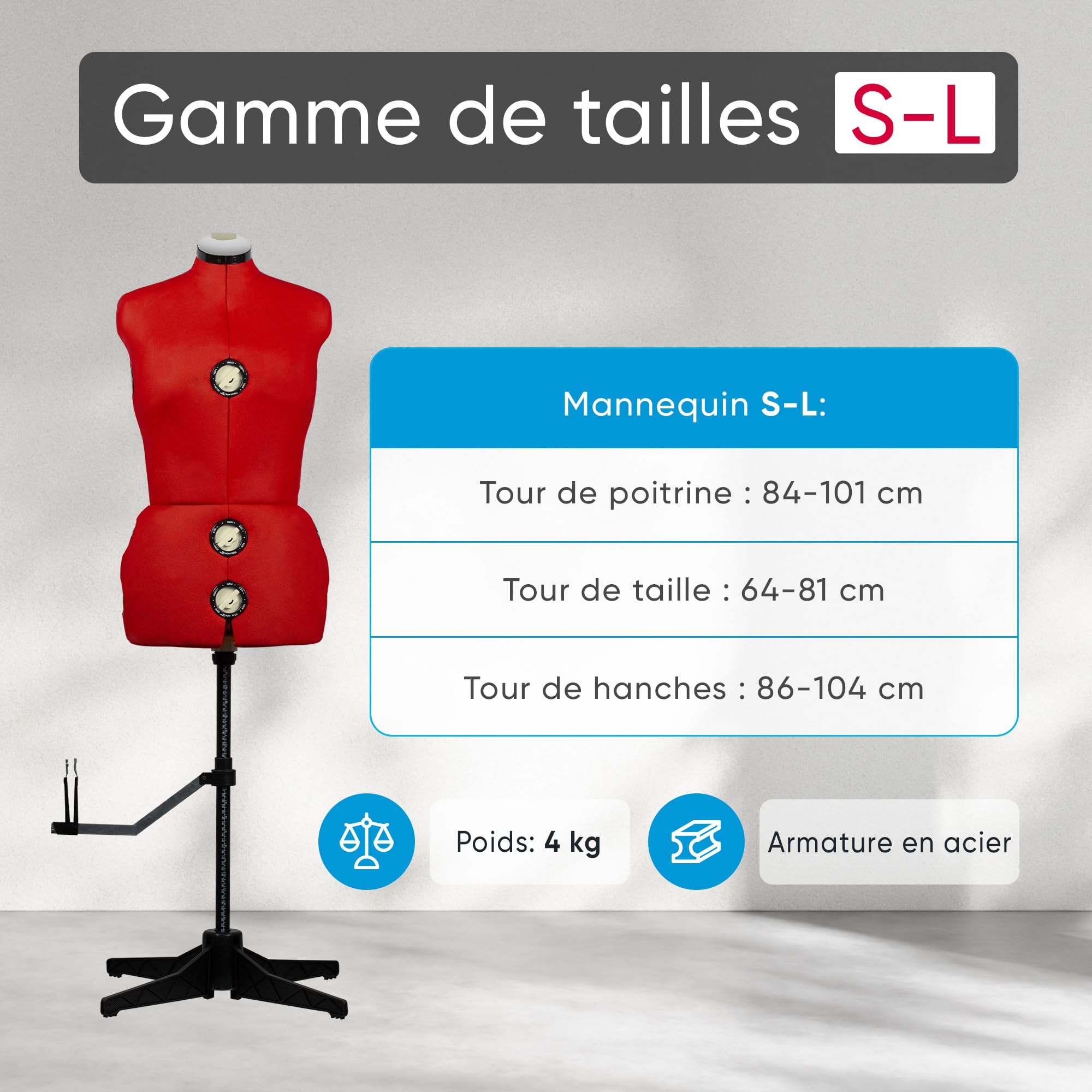 EFFEKTIV - Mannequin Couture Femme pour Exposition de Couturières, Mannequin Couture Femme Reglable en Hauteur, Design Ergonomique avec Fixateurs, 13 éléments, Taille S-L (36 - 44 Euro), Rouge