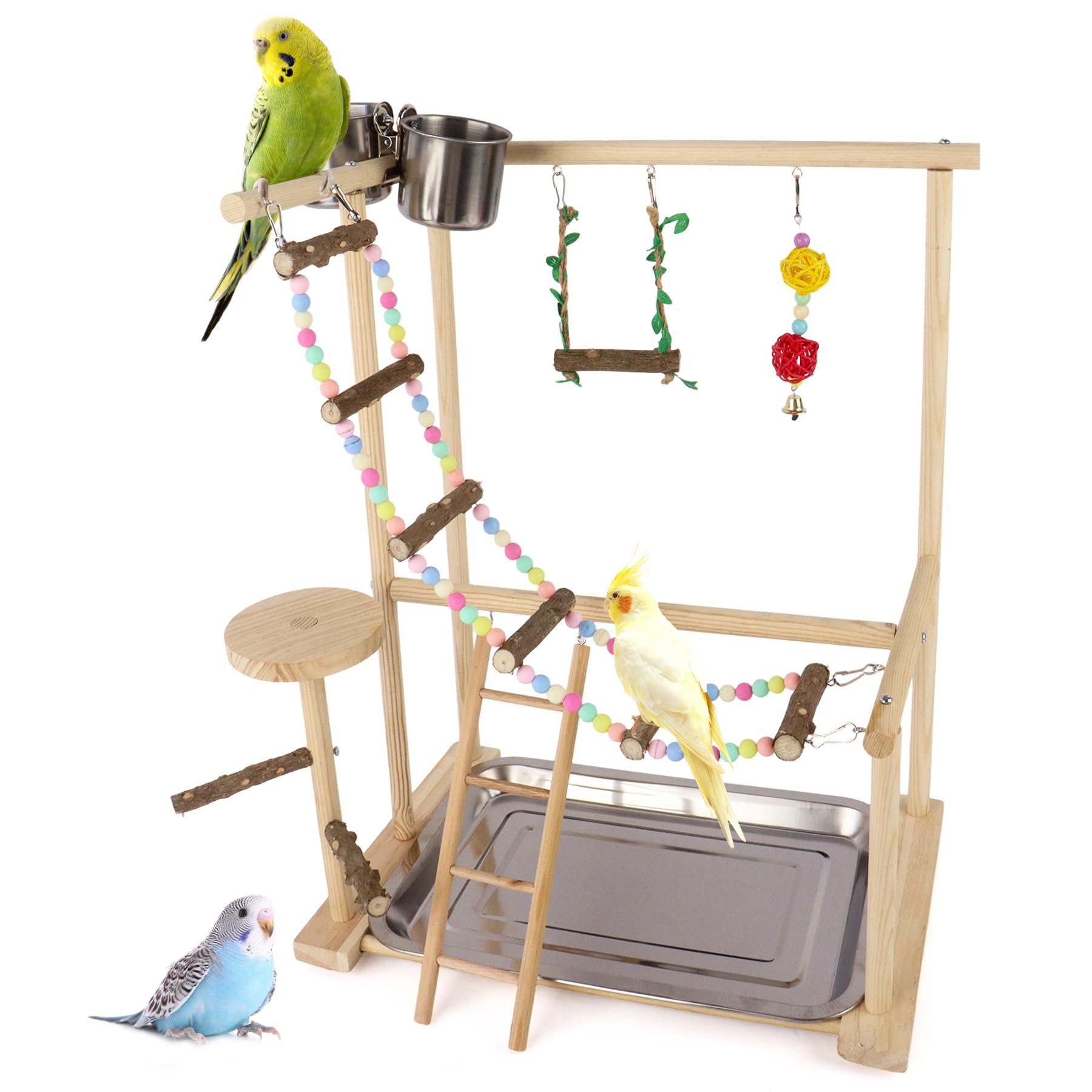 Dmnnlp Bird Playground, Natural Wood Bird Play Stand with Removable Tray, Feeder Cups, Ladder, Swing & Chew Toys for Cockatiel, Conure, Parakeet