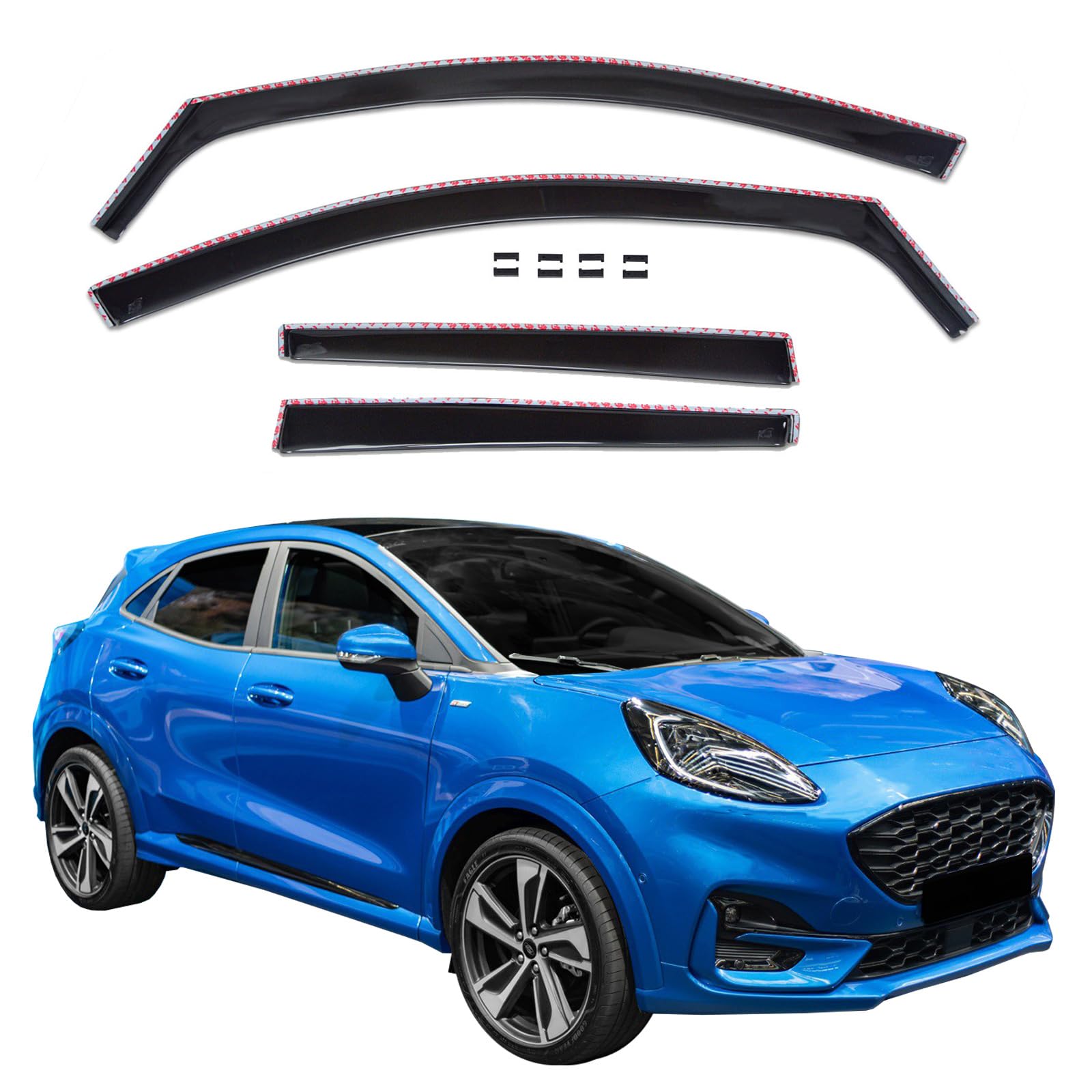 J&J AUTOMOTIVE GD Déflecteurs d'air et de Vent pour Ford Puma 2 Depuis 2020 5 Portes 4pcs, Teintés, Avant et Arrière, Aérodynamique
