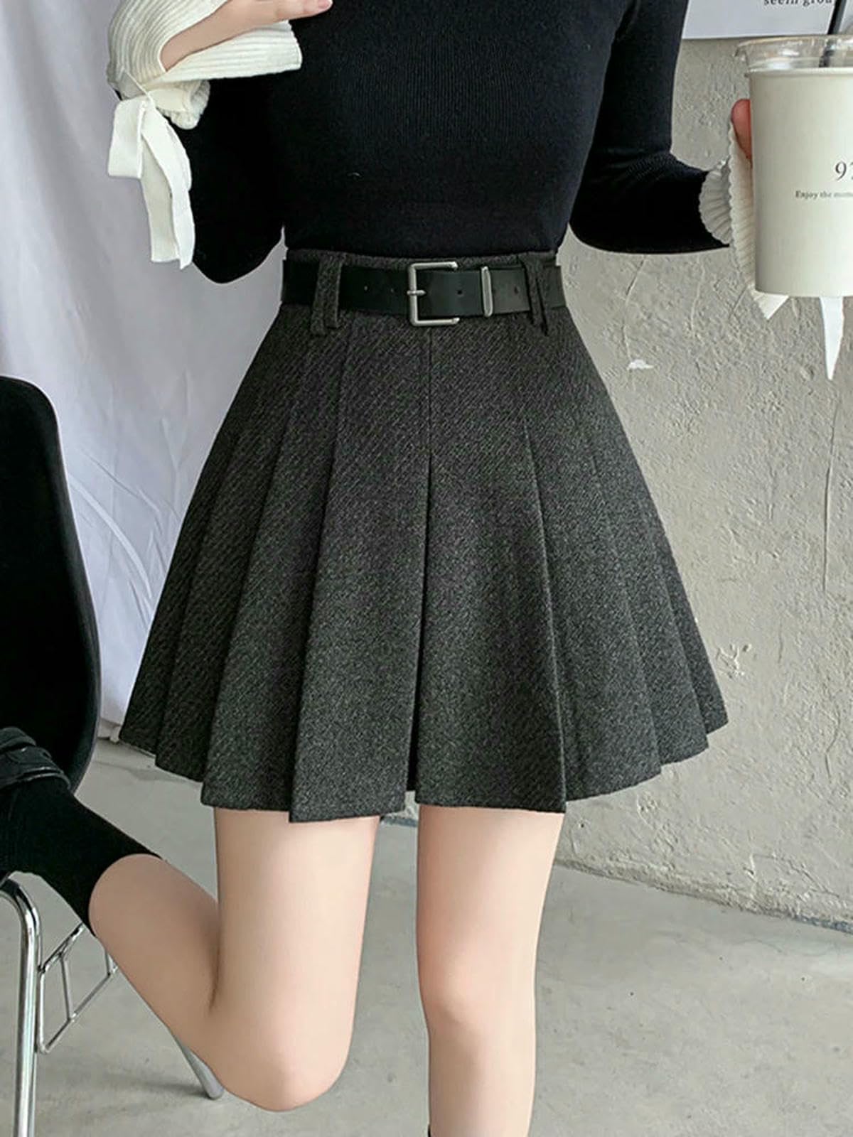 Gonna Lunga Mini A Pieghe Invernale Vintage da Donna Streetwear Vita Alta Gonne Carine con Pantaloncini Cintura Nera Grigia Donna-Grigio Scuro-s