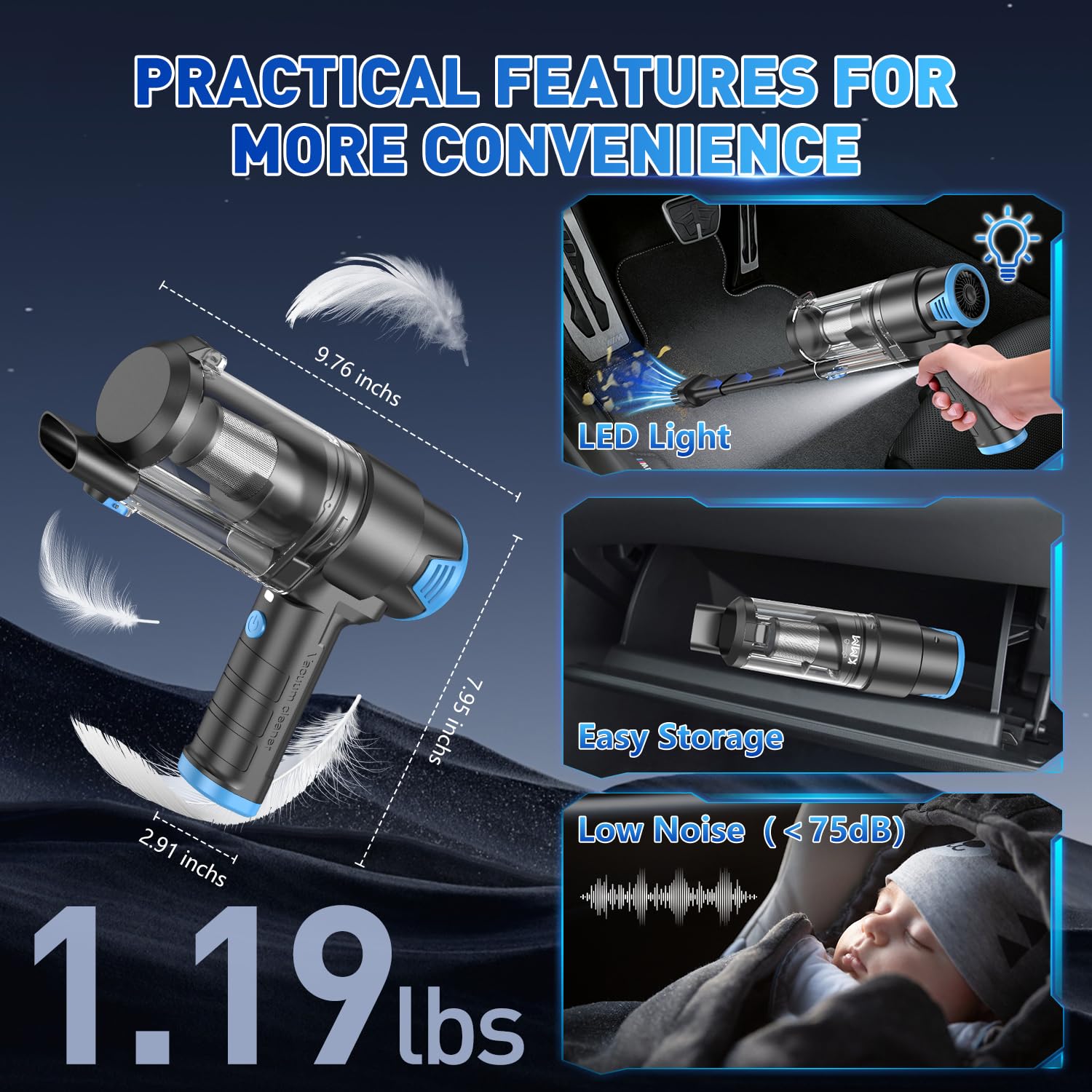 KMM Handheld Car Vacuum Cleaner, 16000PA Air Duster & Hand Held Vacuum view 7