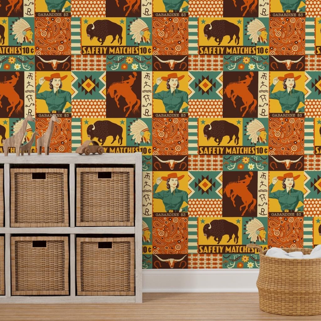 Peel & Stick Wallpaper 6ft x 2ft - Vintage Retro Buffalo Western Cowboy Patchwork Custom Removable Wallpaper by Spoonflower