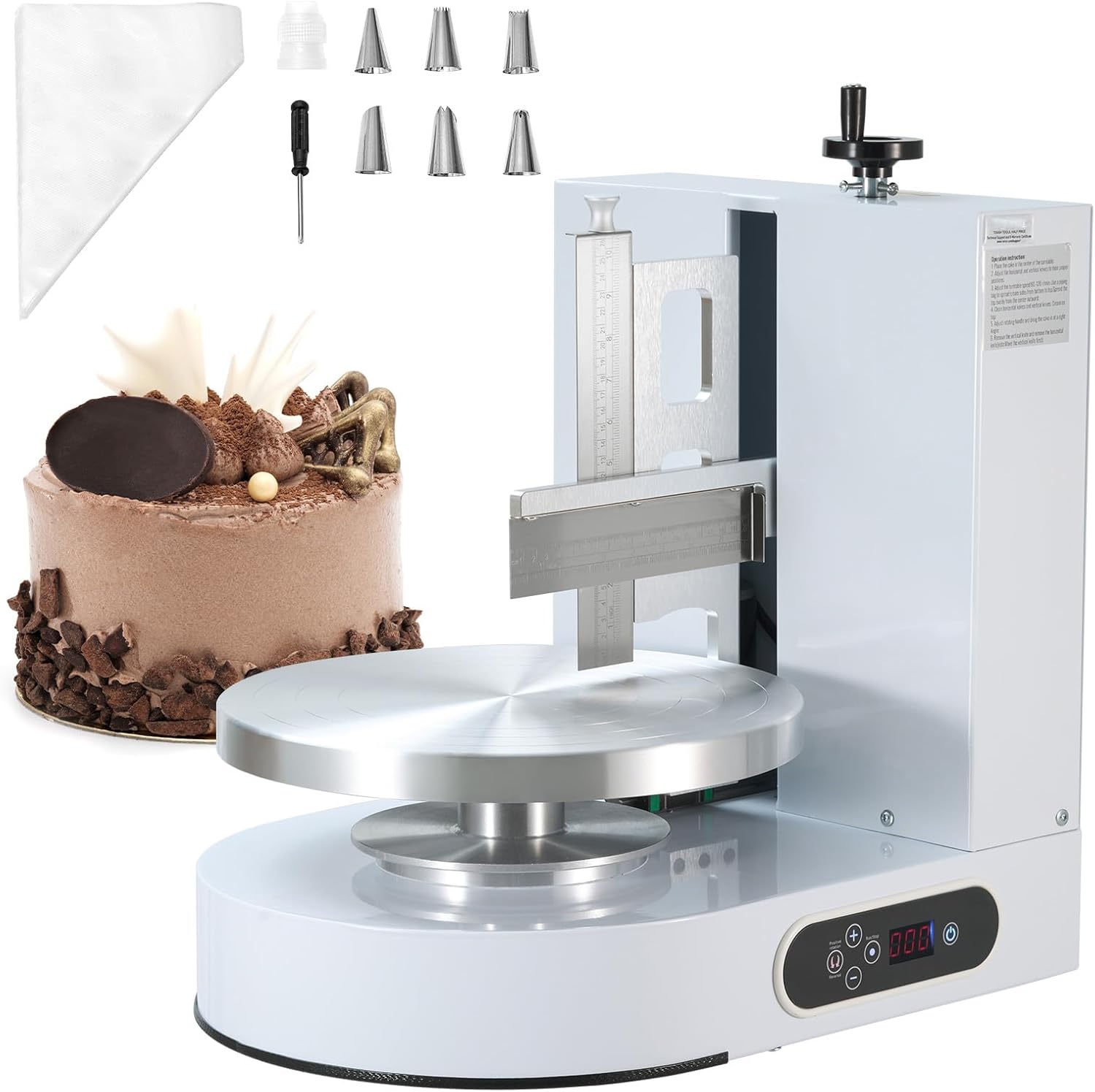 Happybuy Cake Decorating Machine,White,Cake Cream Spreading Coating Smearing Machine, Low Noise Cake Frosting Machine, Turntable with Adjustable Scraper, for 4" to 12" Cake, 25-320RPM Rotating Speed