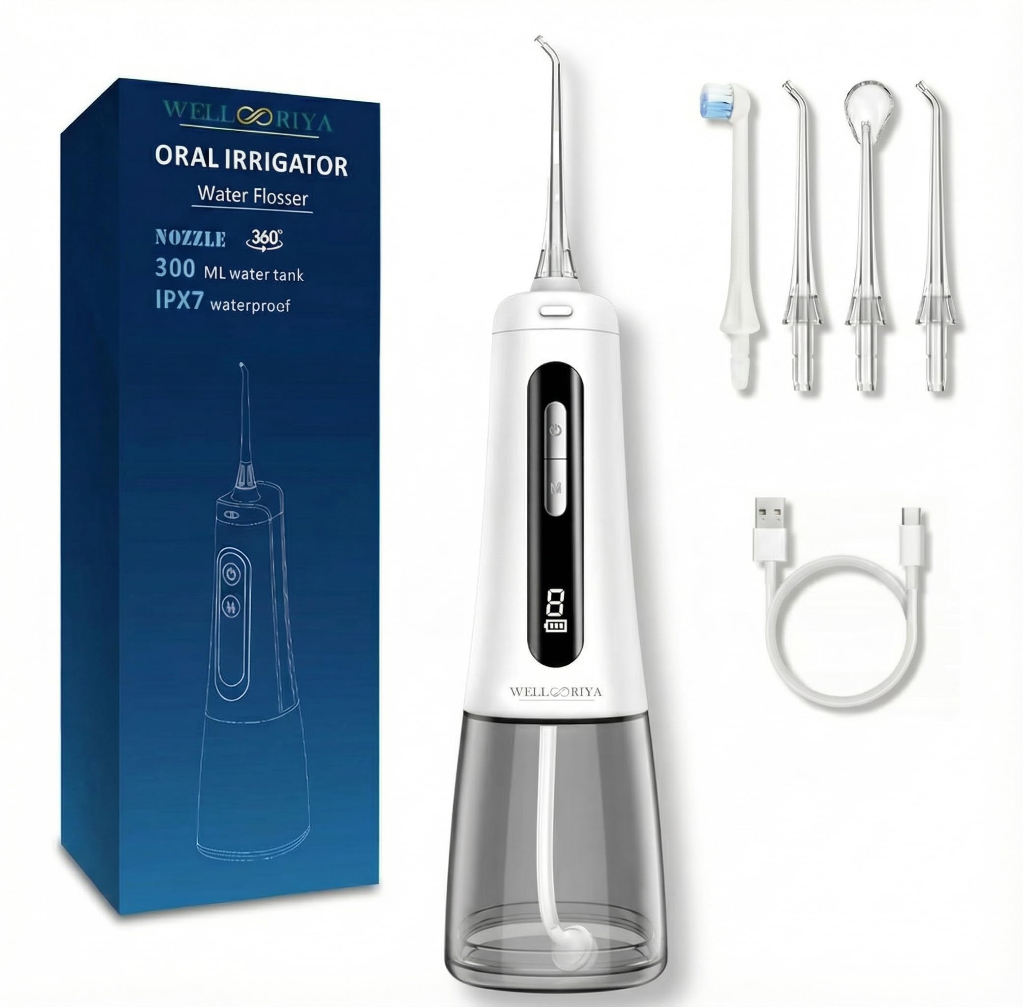 Cordless Water Dental Flosser Power Dental Flosser for Teeth Gums 9 Pressure Levels 300mL Tank USB-C Rechargeable Oral