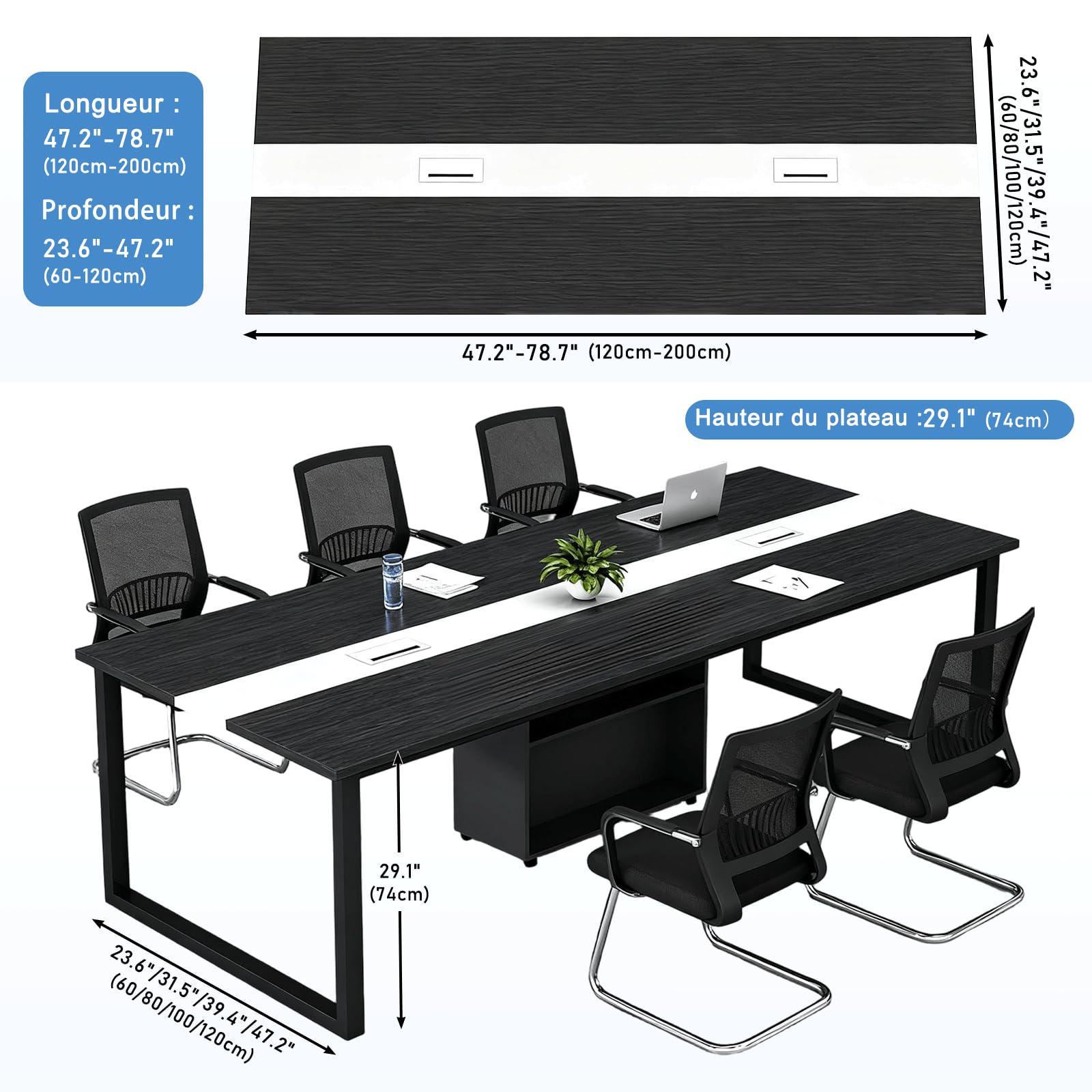 Grande Table de Conférence avec Module de Rangement – Table de Réunion Moderne 8 à 12 Personnes, Passe-Câbles, Structure Métallique Noire, Idéale pour Bureaux, Salles de Réunion et Formations