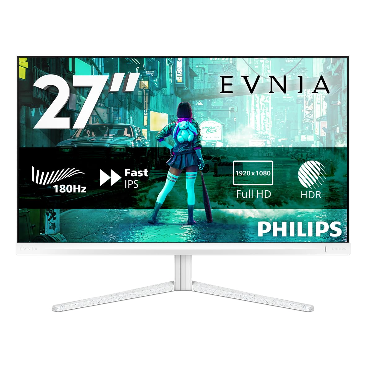 Vue de face du moniteur Philips Evnia 27M2N3201A, mettant en avant son design blanc épuré.