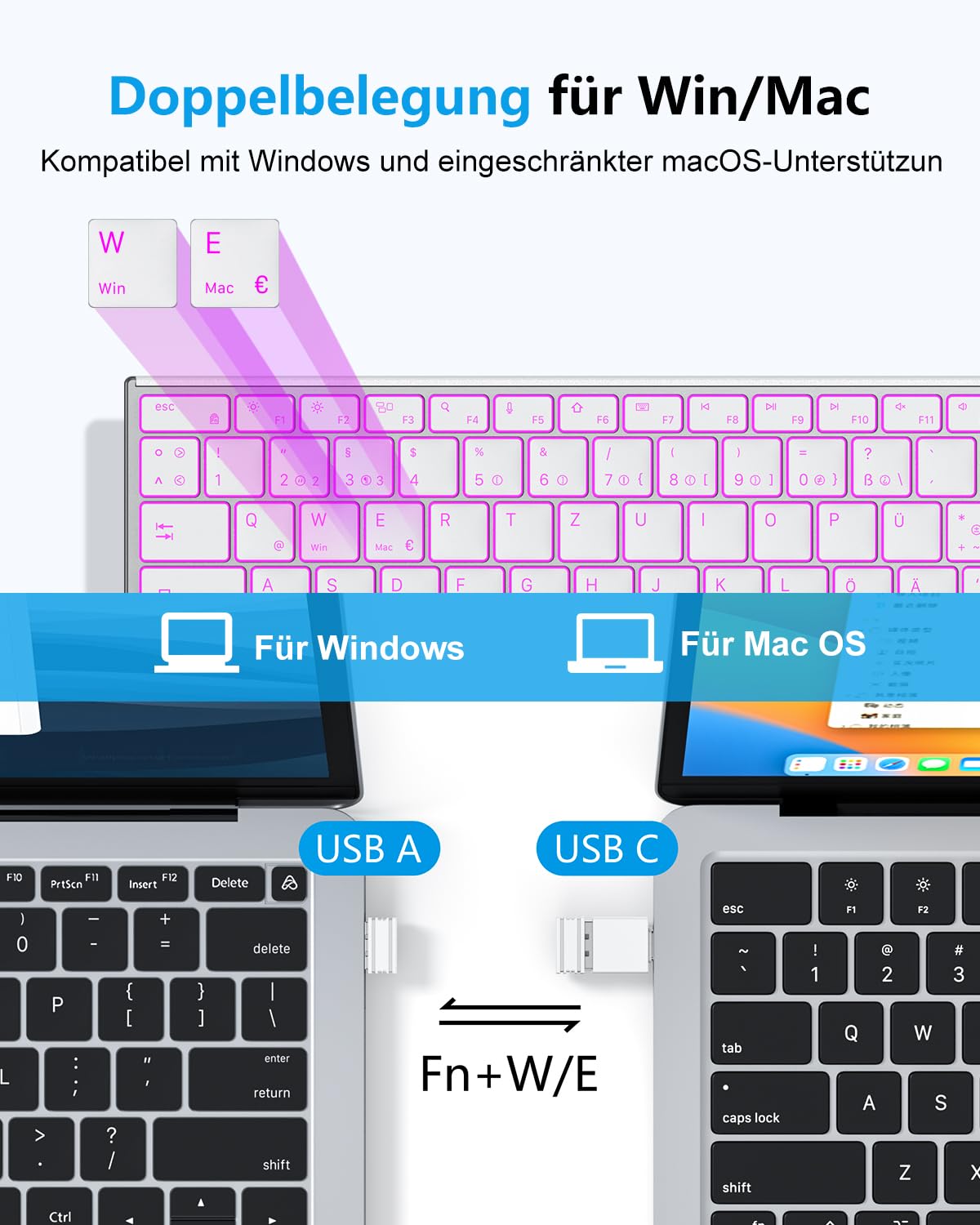 OMOTON Tastatur Kabellose Beleuchtet, Bluetooth + 2,4G, QWERTZ, Silber | Metallgehäuse, Multi-Device, Wiederaufladbar, Leise, Ergonomische, Windows/macOS/PC, Büro/Homeoffice/Reisen