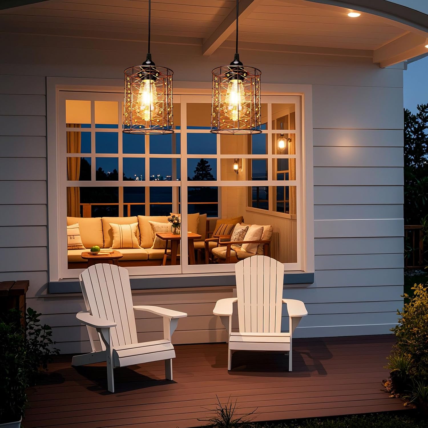 Battery Operated Hanging Outdoor Chandelier, Battery Power 5′′×6′′ Pendant Light, Gazebo Lights Outdoor, 4 AA Batteries, for Gazebo, Pergola, Porch, Patio, Indoor Outdoor Decor Lighting (2)