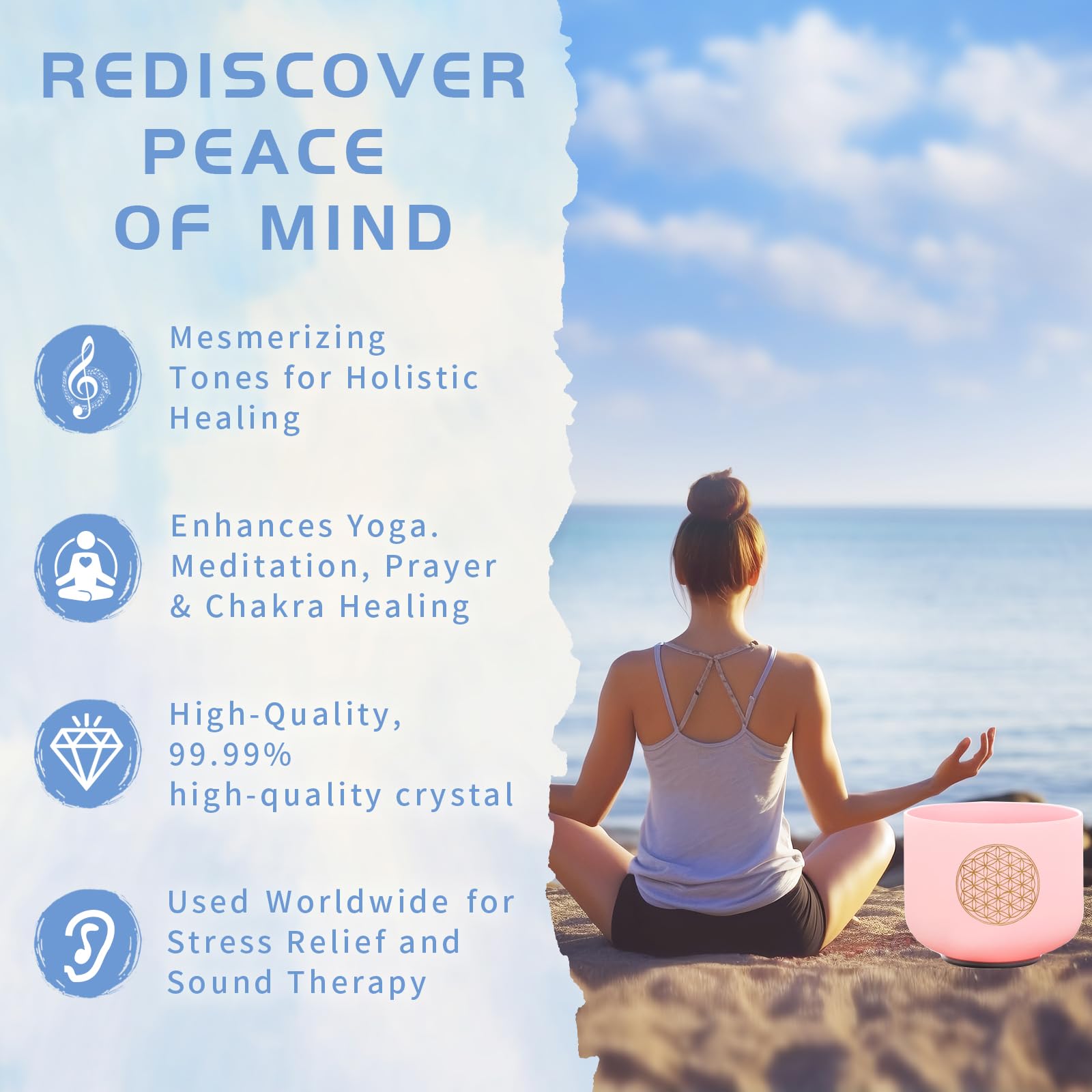 Hye-eun Cuenco tibetano de cristal rosa 528 Hz C Note flor de la vida cuenco cantante cuenco de cuarzo cuenco tibetano meditación chakra coordinado sanación sonido con bolsa de transporte